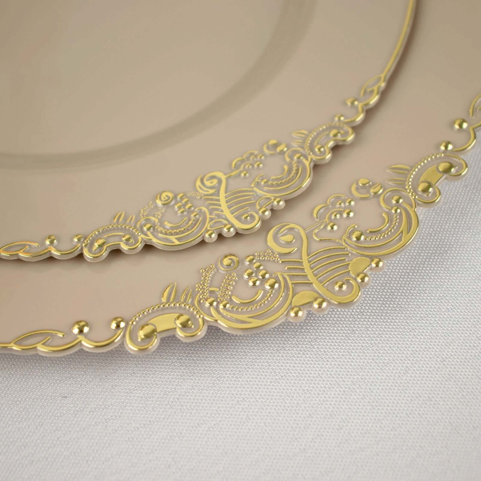 10-Pack Plastic 8" Round Dessert Plates in Taupe with Gold Leaf Embossed Rim - Disposable Vintage Baroque Style Salad Plates