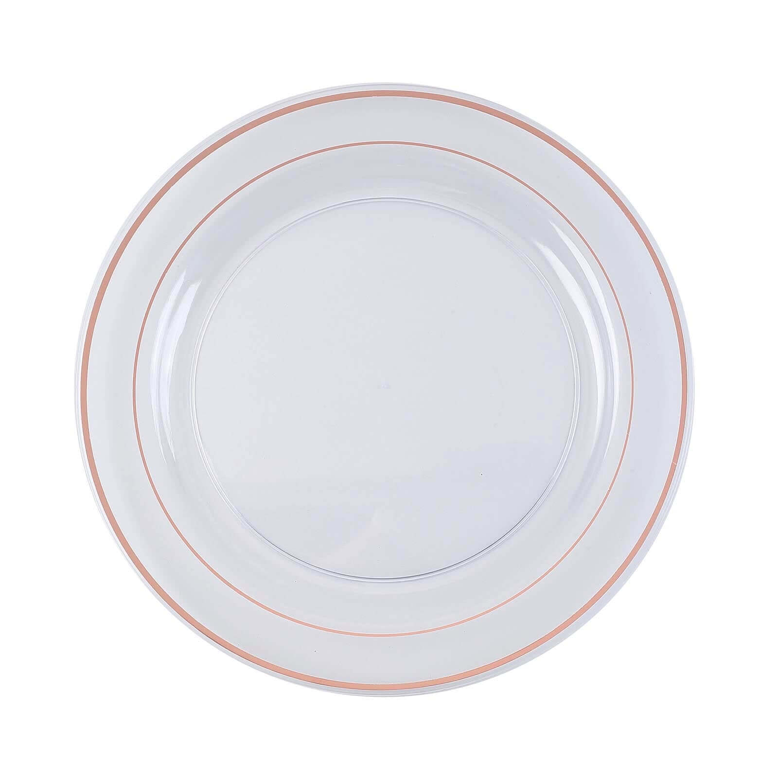 10-Pack Plastic Dinner Plates Clear with Très Chic Rose Gold Rim - Perfect Disposable Party Plates 10"