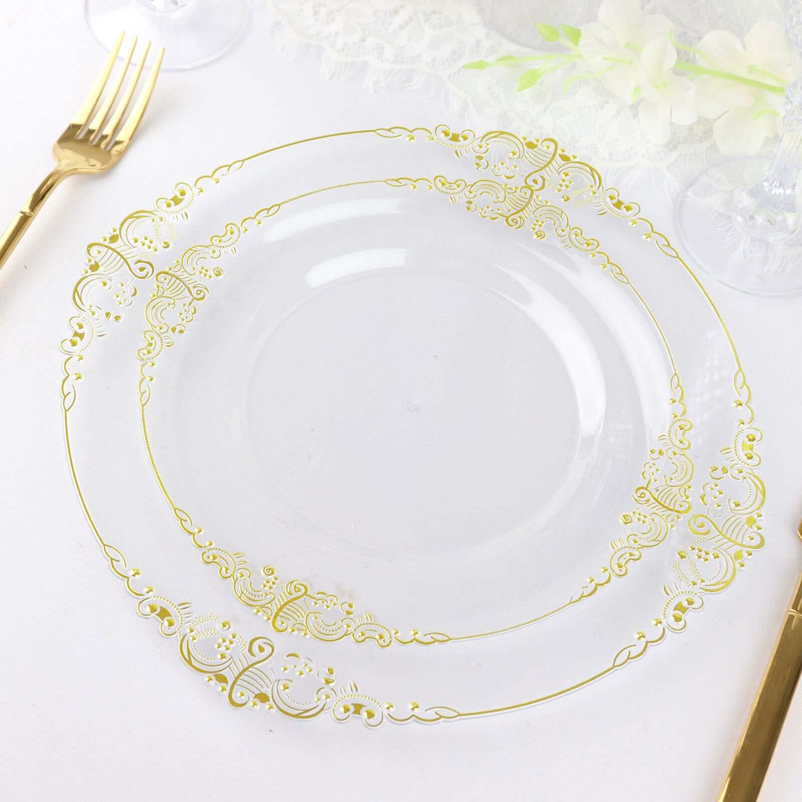 10-Pack Plastic 8" Round Dessert Plates in Clear with Gold Leaf Embossed Rim - Disposable Vintage Baroque Style Salad Plates