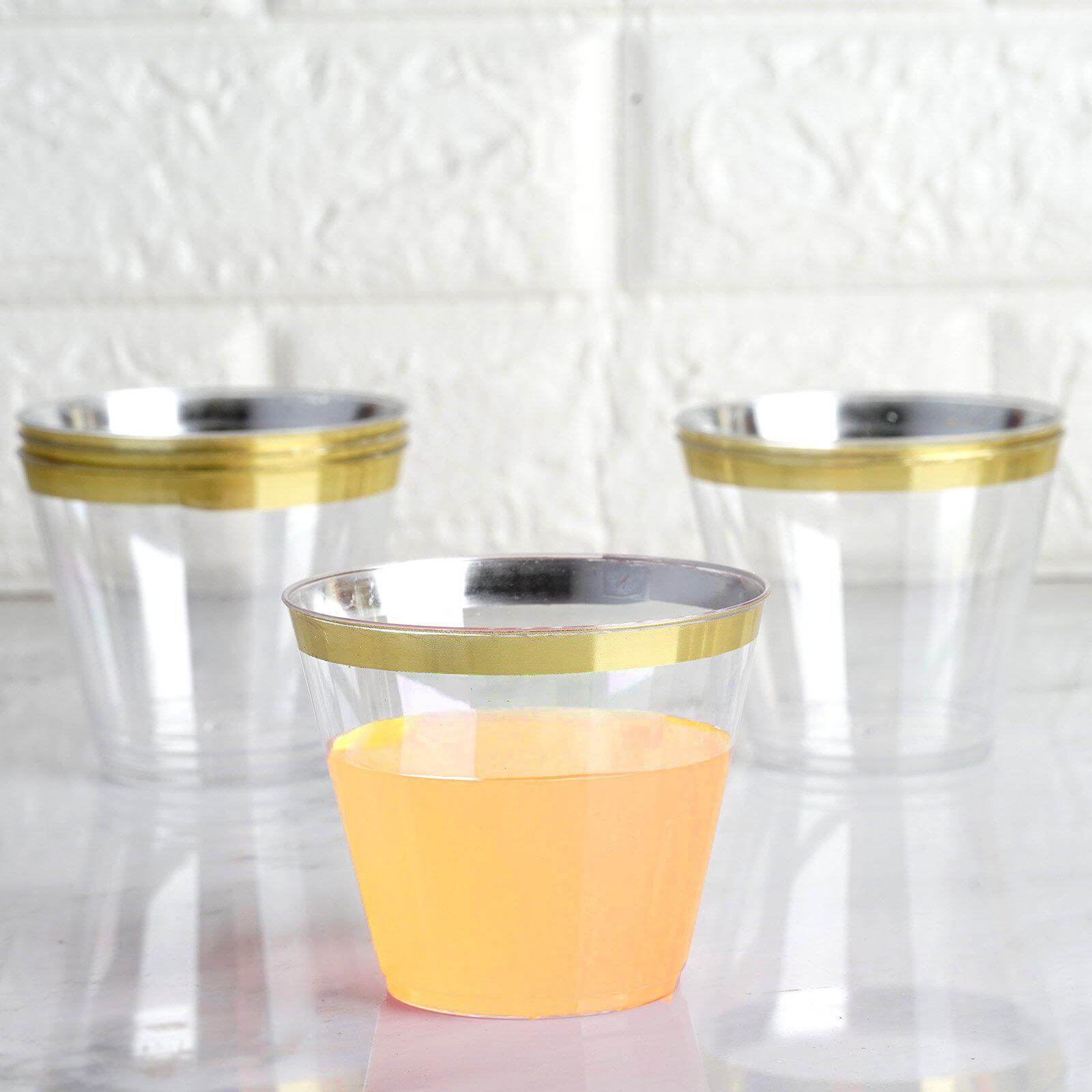 25-Pack Plastic Party Cups Clear Crystal with Gold Rim - Stylish Short Disposable Glasses 9oz