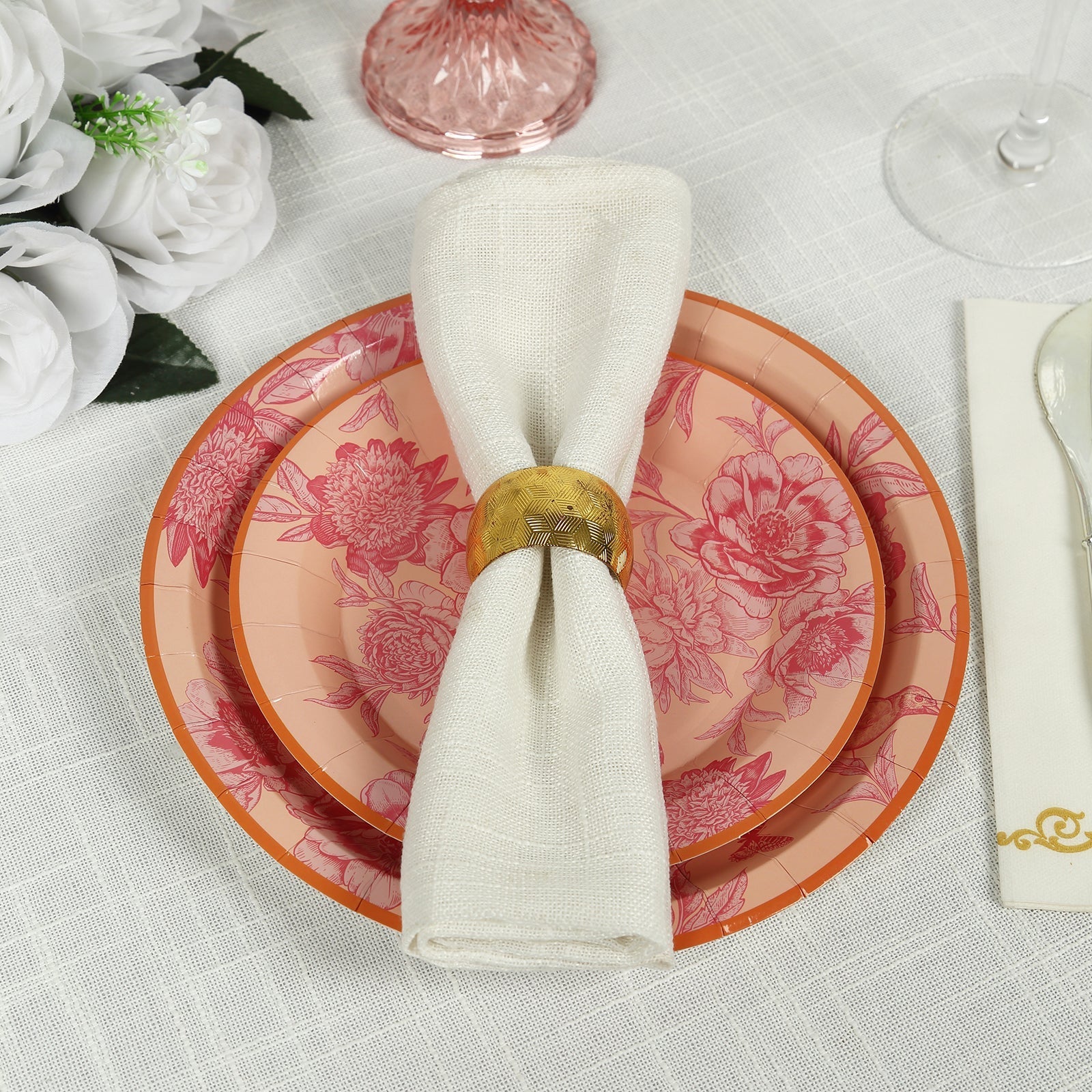 50-Pack Paper Round Dessert and Dinner Plates in Dusty Rose Spring Floral Print with Gold Rim - Heavy Duty Disposable Party Plates Set for Classy Table Decor 7", 9"