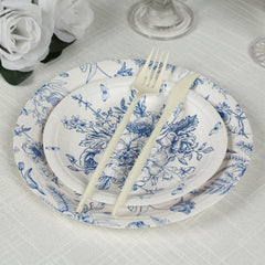 50-Pack Paper Round Dessert and Dinner Plates in White with Blue French Toile Pattern - Vintage Style Disposable Party Plates Set for High Tea Events & Classy Occasions 7", 9"
