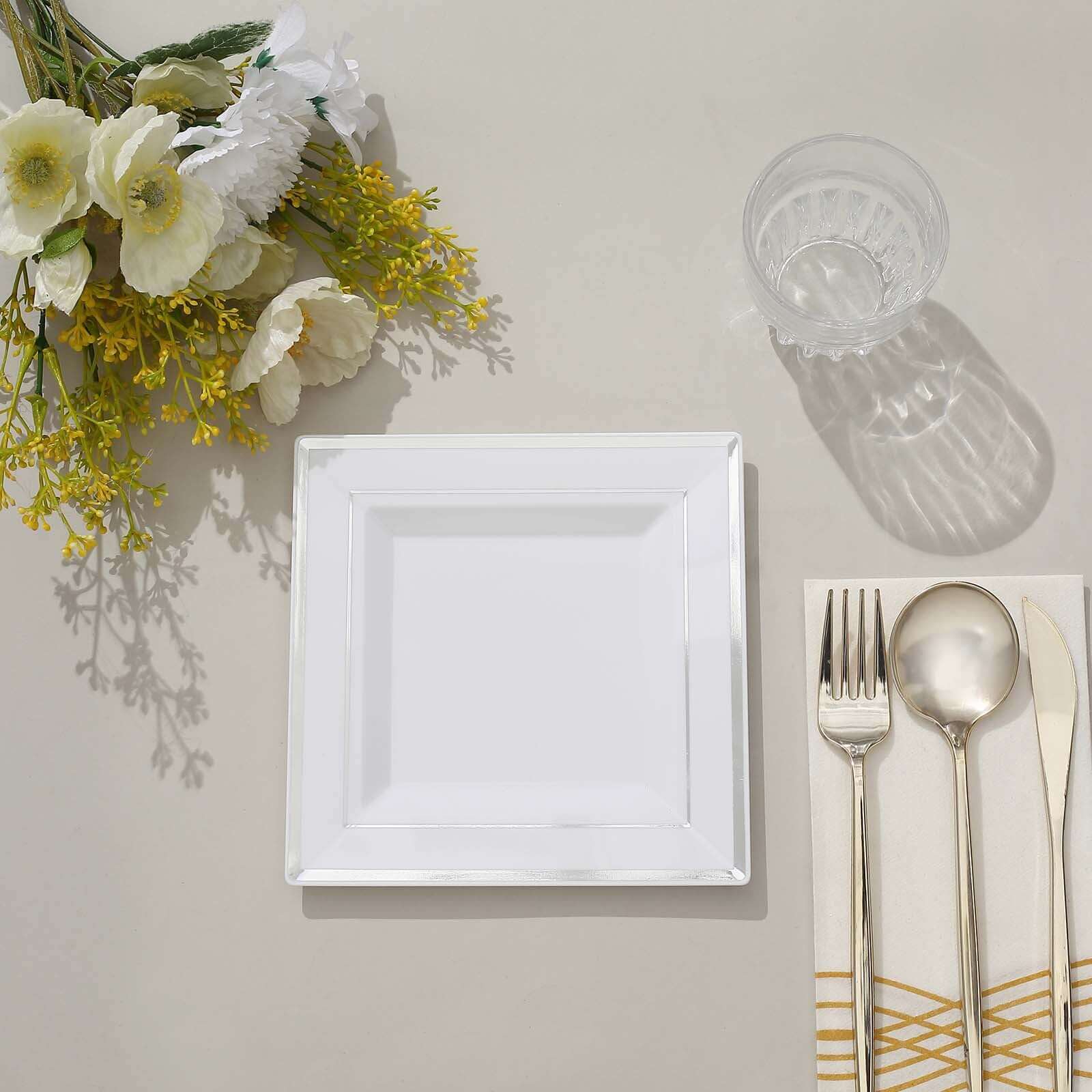10-Pack Plastic Salad Dessert Plates White Square with Silver Trim - Durable Disposable Appetizer Plates 7"