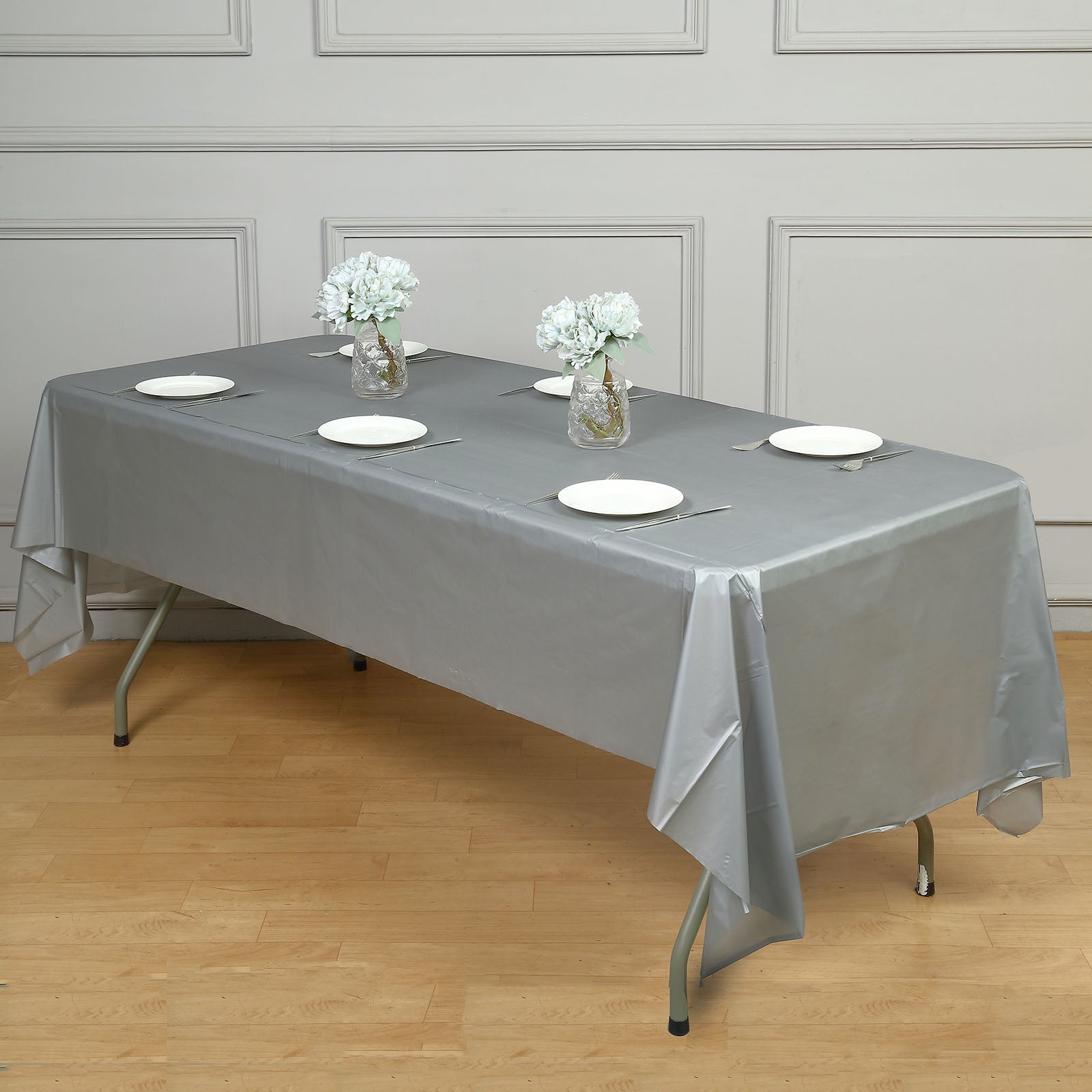 Silver Rectangle Plastic Table Cover, 54"x108" PVC Waterproof Disposable Tablecloth