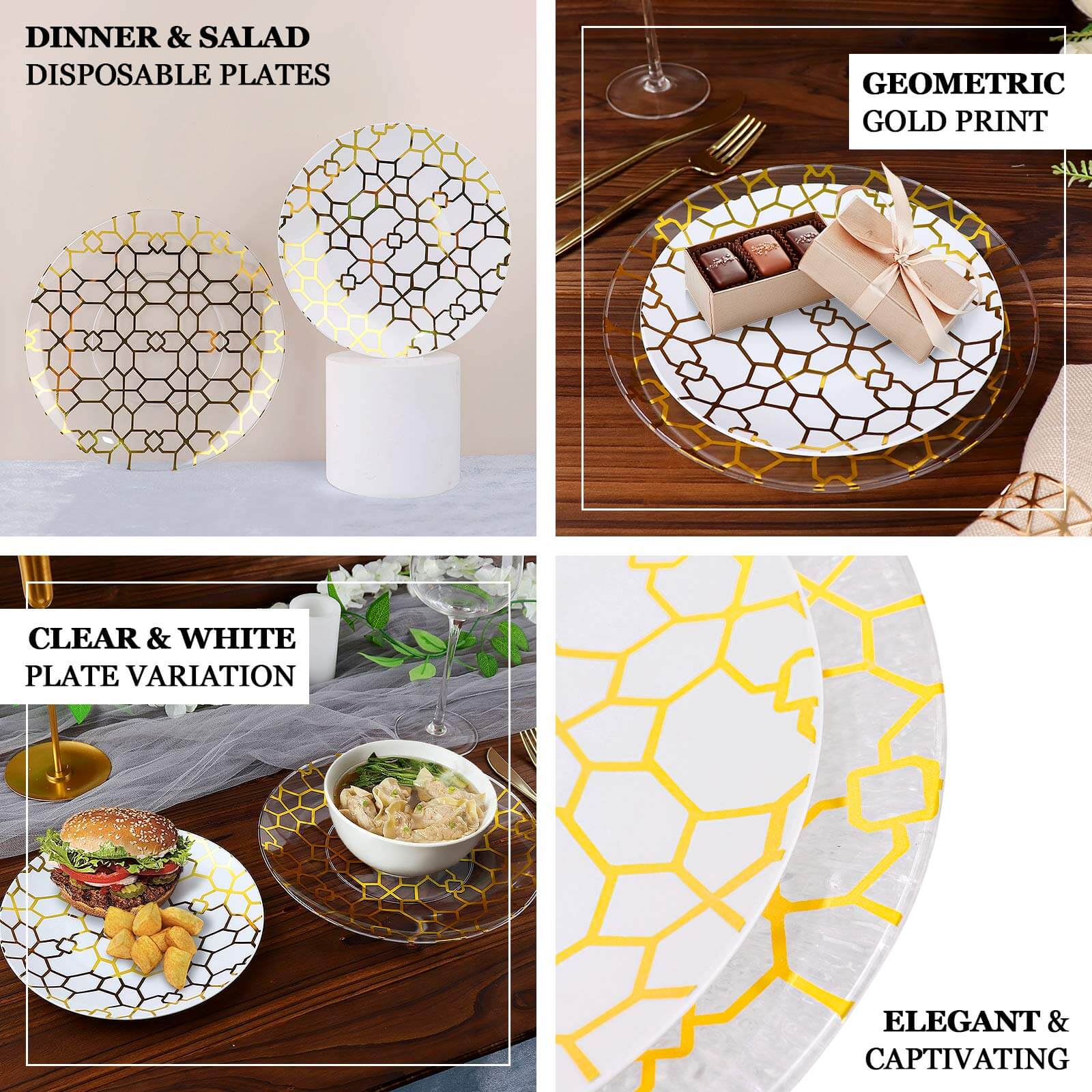 20-Pack Set Plastic Round Dinner and Salad Plates in White & Clear with Geometric Gold Print - Modern Disposable Dinnerware Set for Weddings & Celebrations 9", 7"