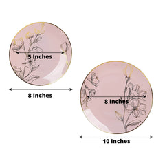 Set of 20 Plastic Round Dinner and Dessert Plates in Dusty Rose with Metallic Gold Floral Design - Stylish Disposable Dinnerware 8", 10"