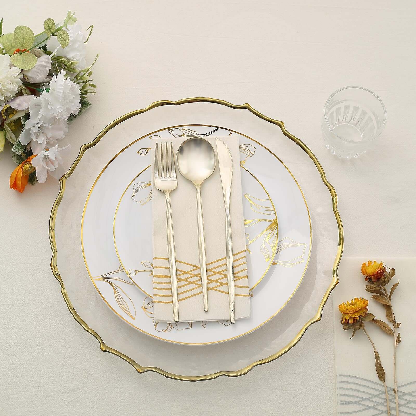 Set of 20 Plastic Round Dinner and Dessert Plates in White with Metallic Gold Floral Design - Stylish Disposable Dinnerware for Banquets & Special Occasions 8", 10"