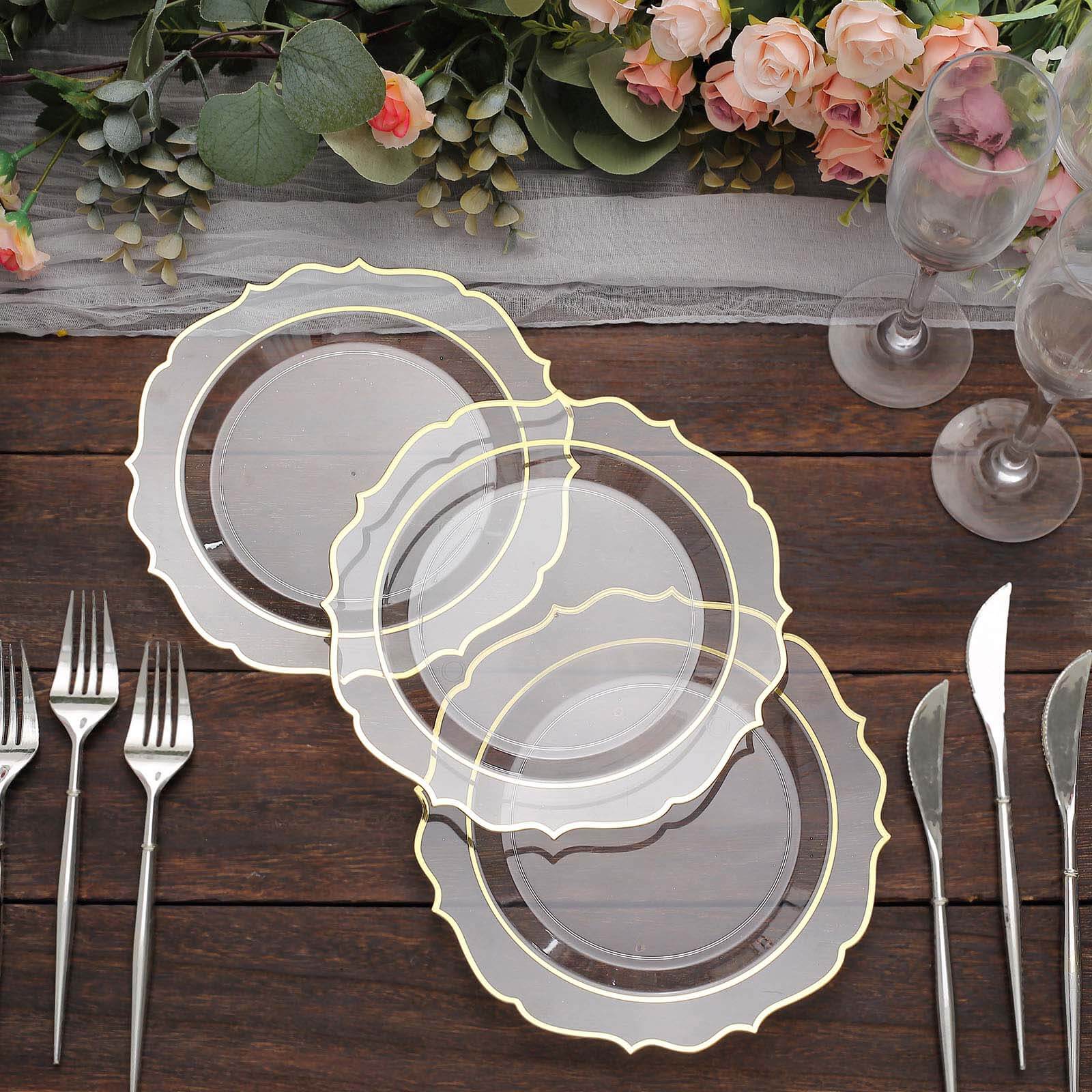 10-Pack Plastic 8" Round Desert Plates in Clear with Gold Scalloped Rim - Disposable Appetizer/Salad Plates