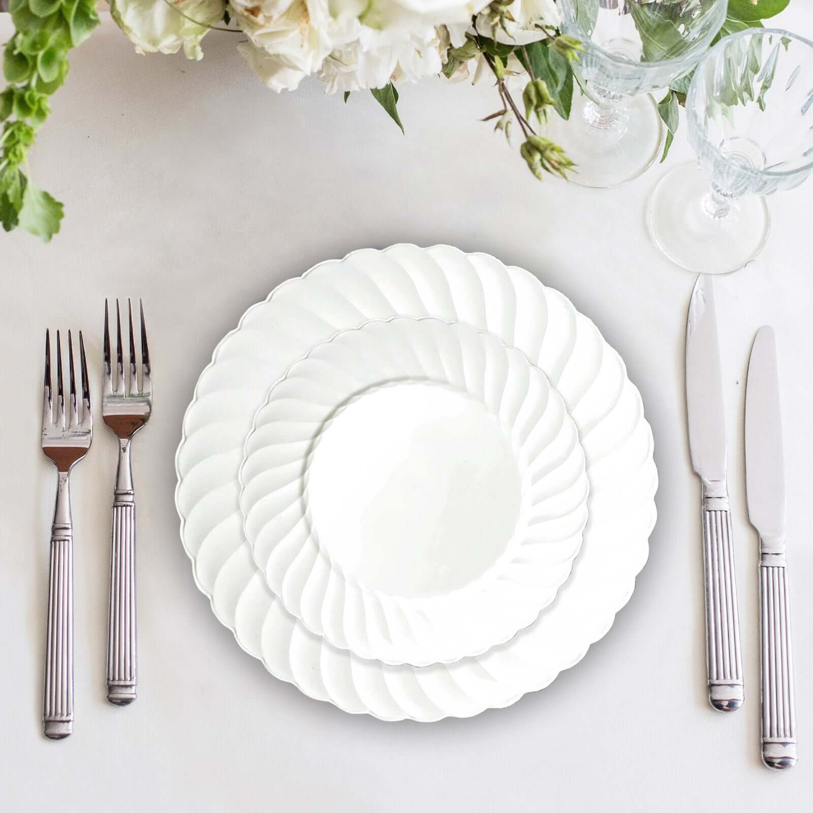 12-Pack Plastic Dessert Plates Glossy White Swirl Rim - Lightweight Round Salad Plates 6"