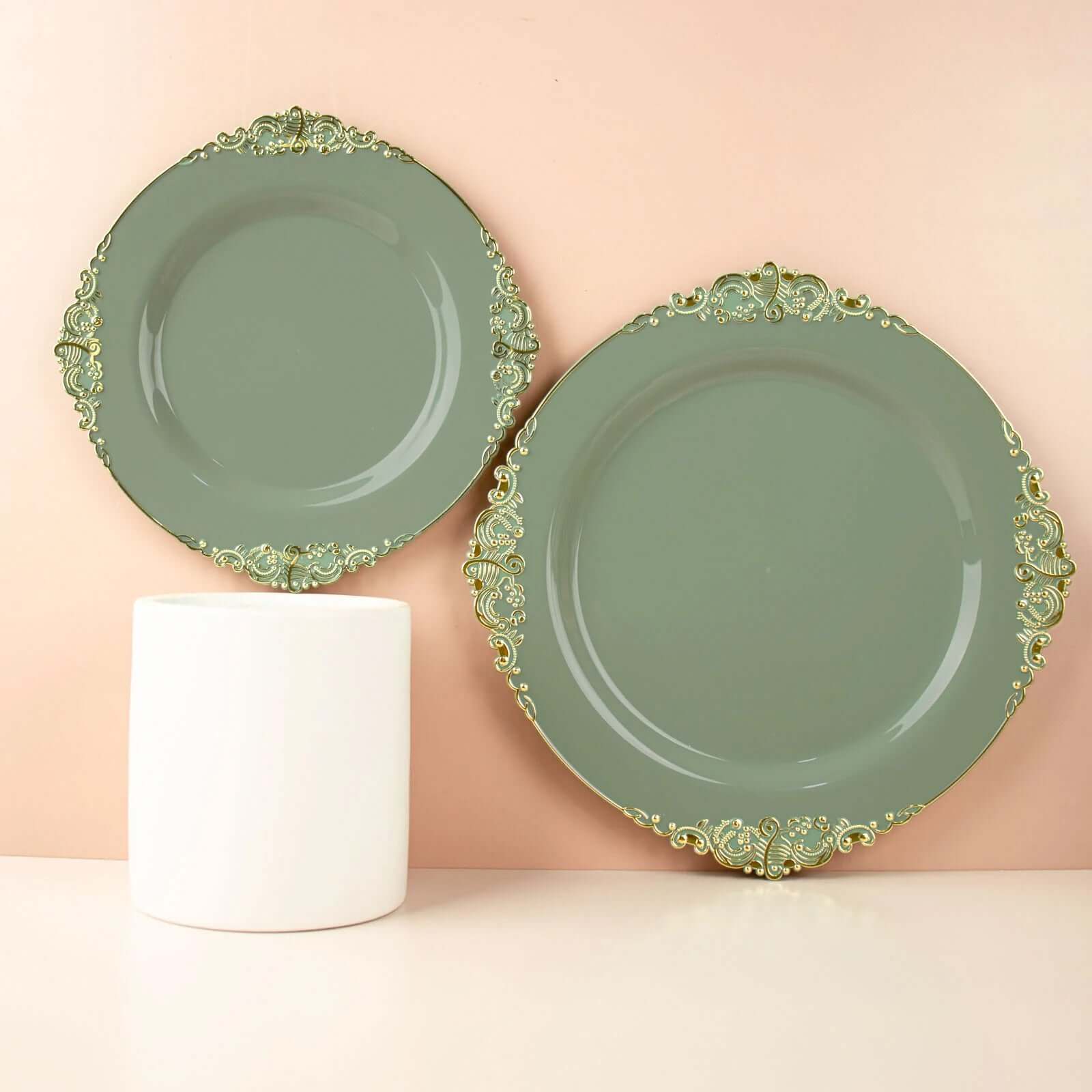 10-Pack Plastic 8" Round Dessert Plates in Dusty Sage Green with Gold Leaf Embossed Rim - Disposable Vintage Baroque Style Salad Plates