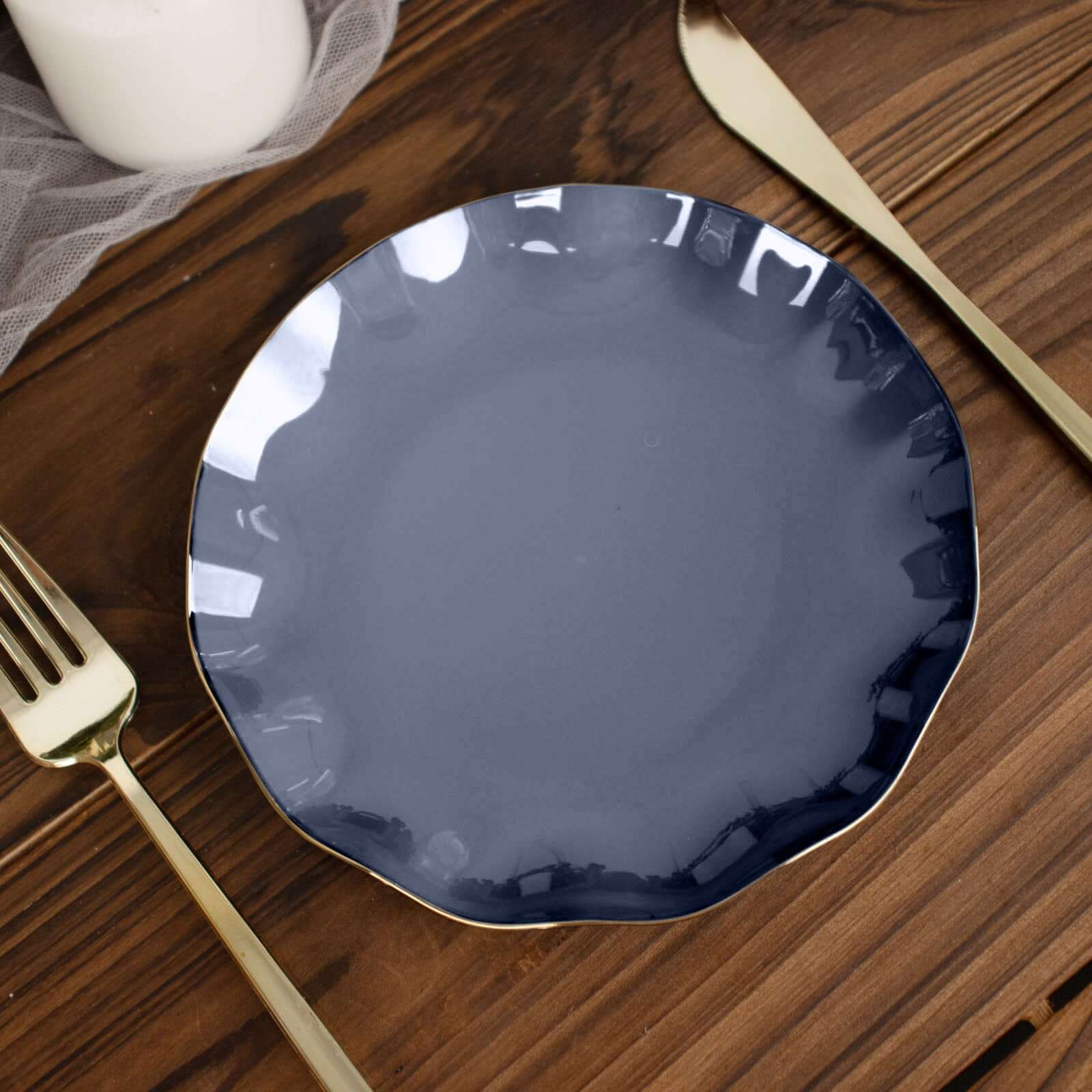 10-Pack Plastic Round 6" Dessert Plates in Navy Blue Ruffled Rim with Gold Edging - Sturdy Disposable Salad Appetizer Dinnerware