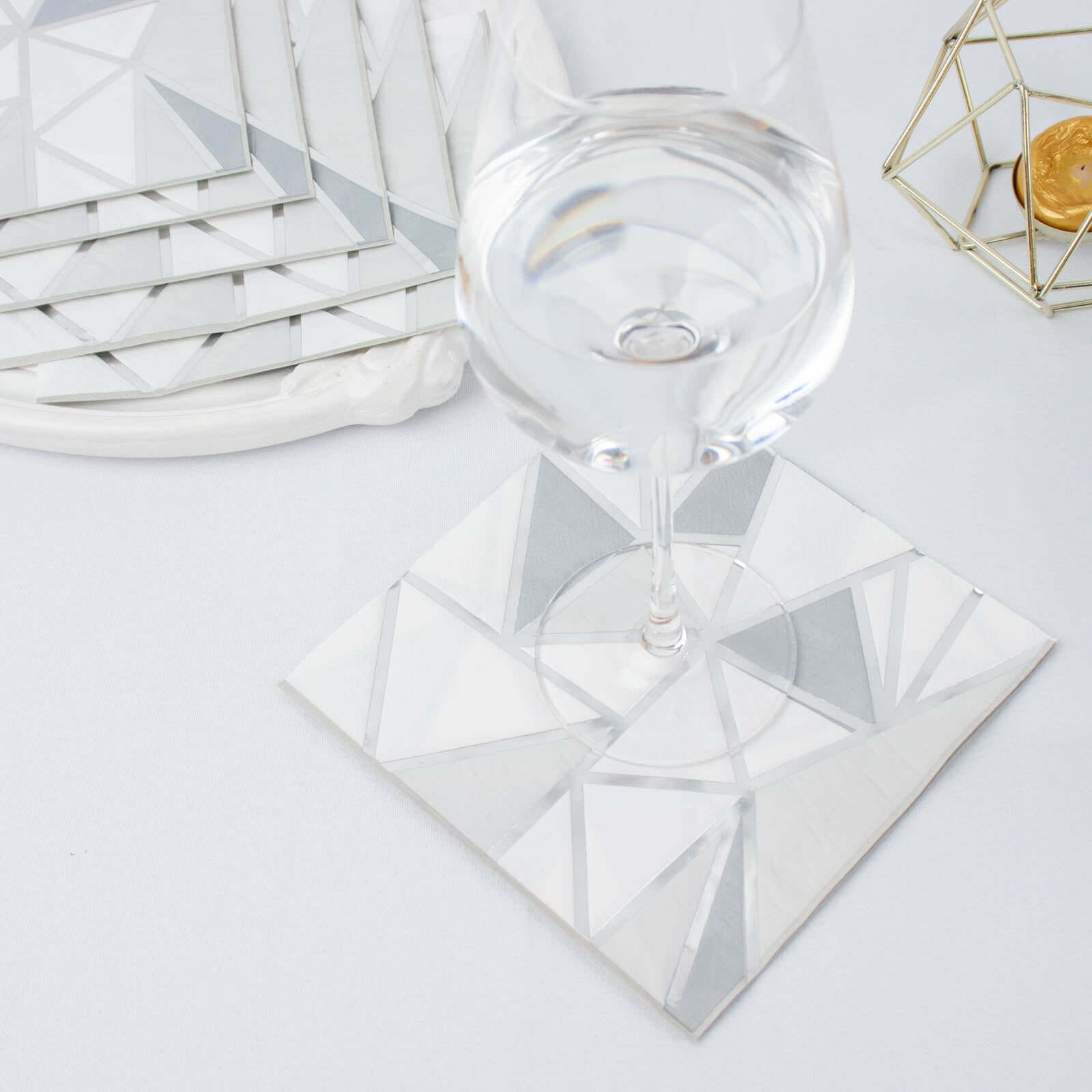 20-Pack Paper Party Napkins with Geometric Silver Foil Print - 2 Ply Soft Disposable Beverage Napkins for Weddings 6.5"x6.5"