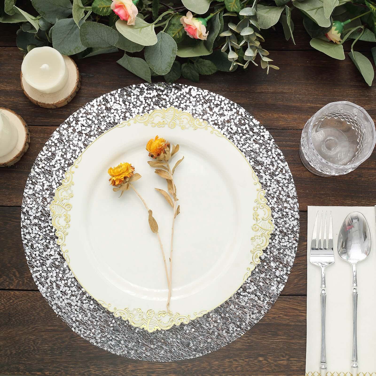 10-Pack Table Placemats Sequin Design Metallic Silver Round - Mesh Disposable Dust-Free Dining Mats 13"