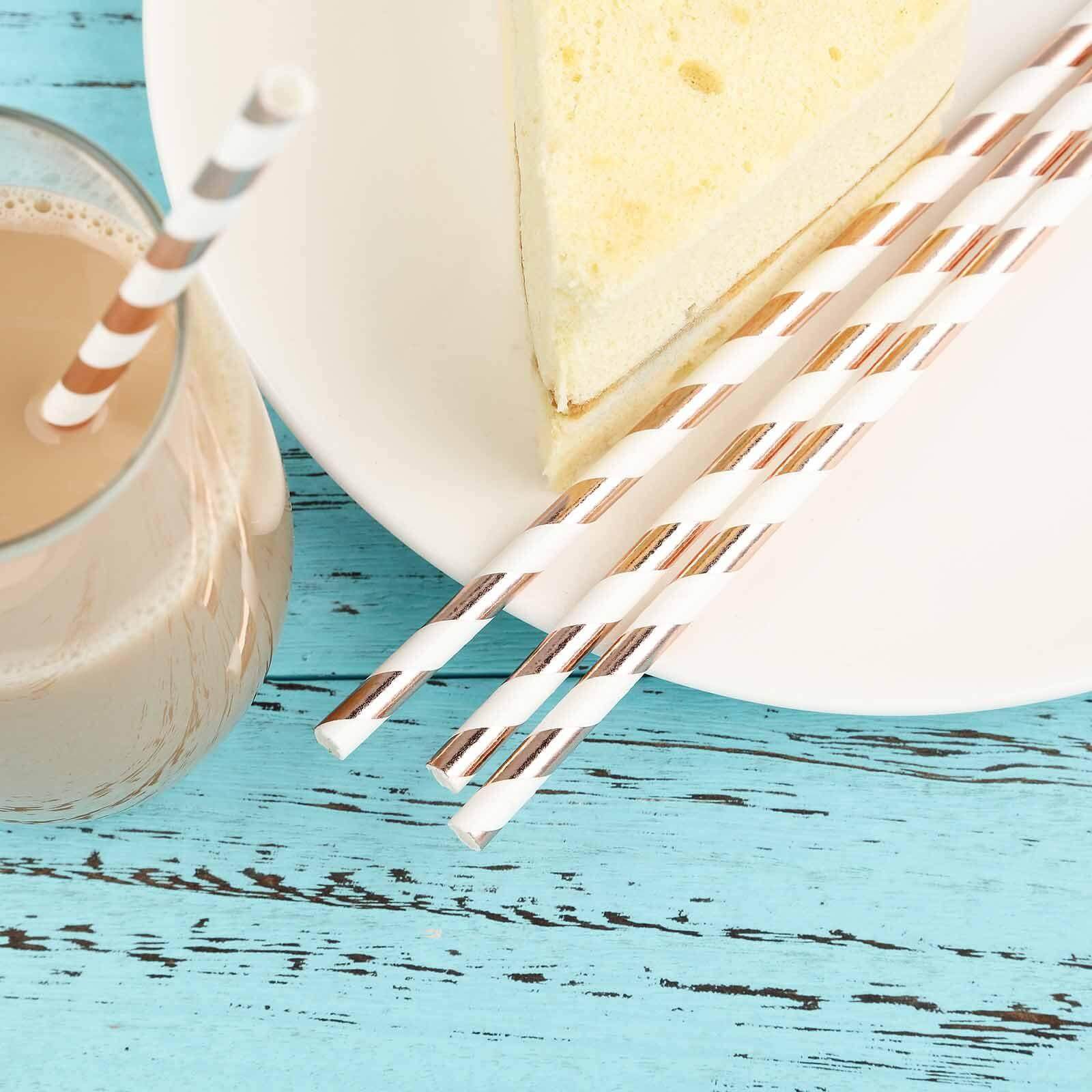25-Pack Paper Straws White/Rose Gold Striped - Stylish Disposable Straws for Drinks 8"