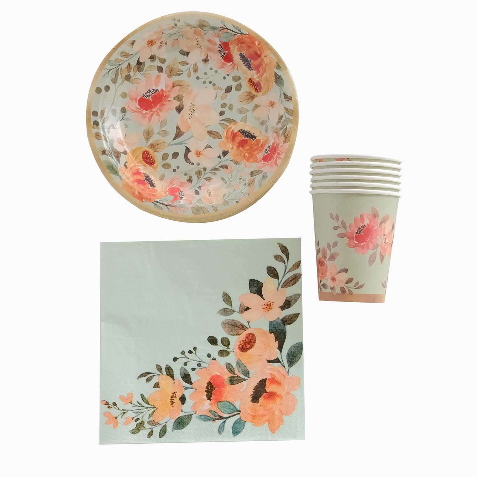 72 Pcs Paper Dinnerware Set with Pink Floral Print Sage Green - Disposable Tableware Combo-Pack with Plates and Cups