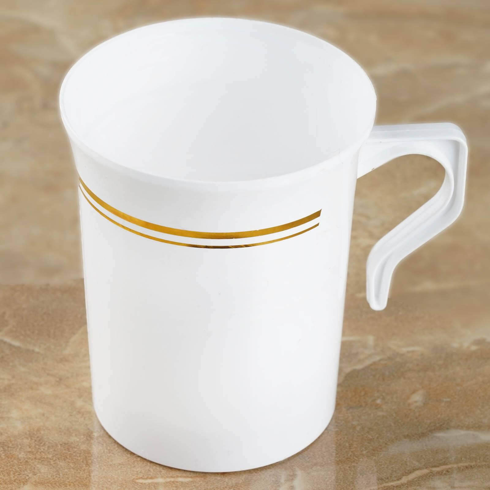8-Pack Plastic Coffee Mugs White with Gold Stripes - Sturdy Disposable Cups for Coffee and Tea 8oz 3.5"