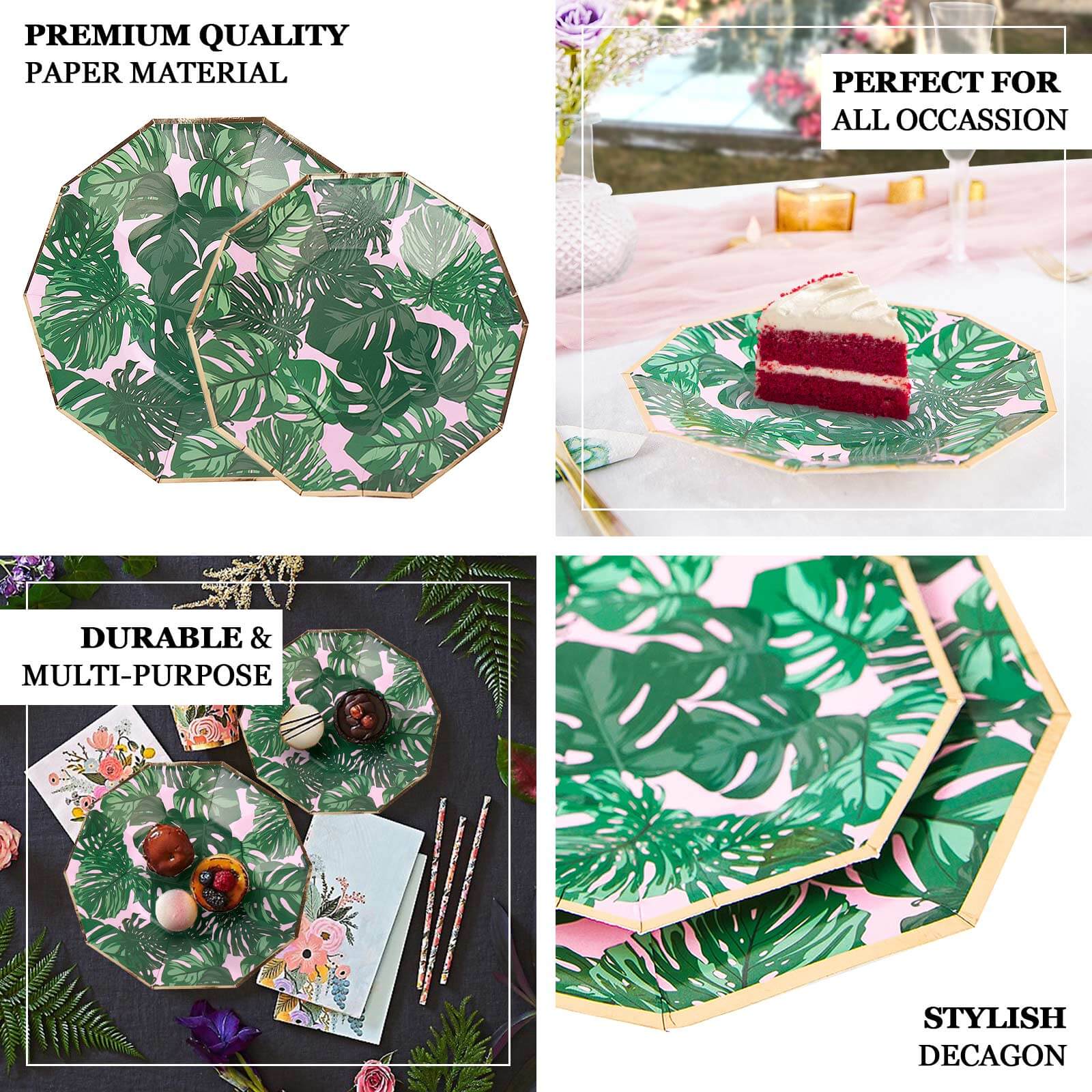 25-Pack Paper 9" Decagon Dinner Plates in Pink with Green Tropical Palm Leaves & Gold Rim - Disposable Geometric Party Plates for Luau & Summer Gatherings