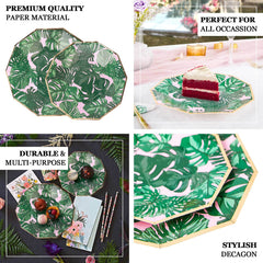25-Pack Paper 9" Decagon Dinner Plates in Pink with Green Tropical Palm Leaves & Gold Rim - Disposable Geometric Party Plates for Luau & Summer Gatherings