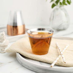 12-Pack Plastic Party Squat Cups Clear with Rose Gold Rim - Stylish Disposable Tumblers for Banquets & Special Occasions 10oz