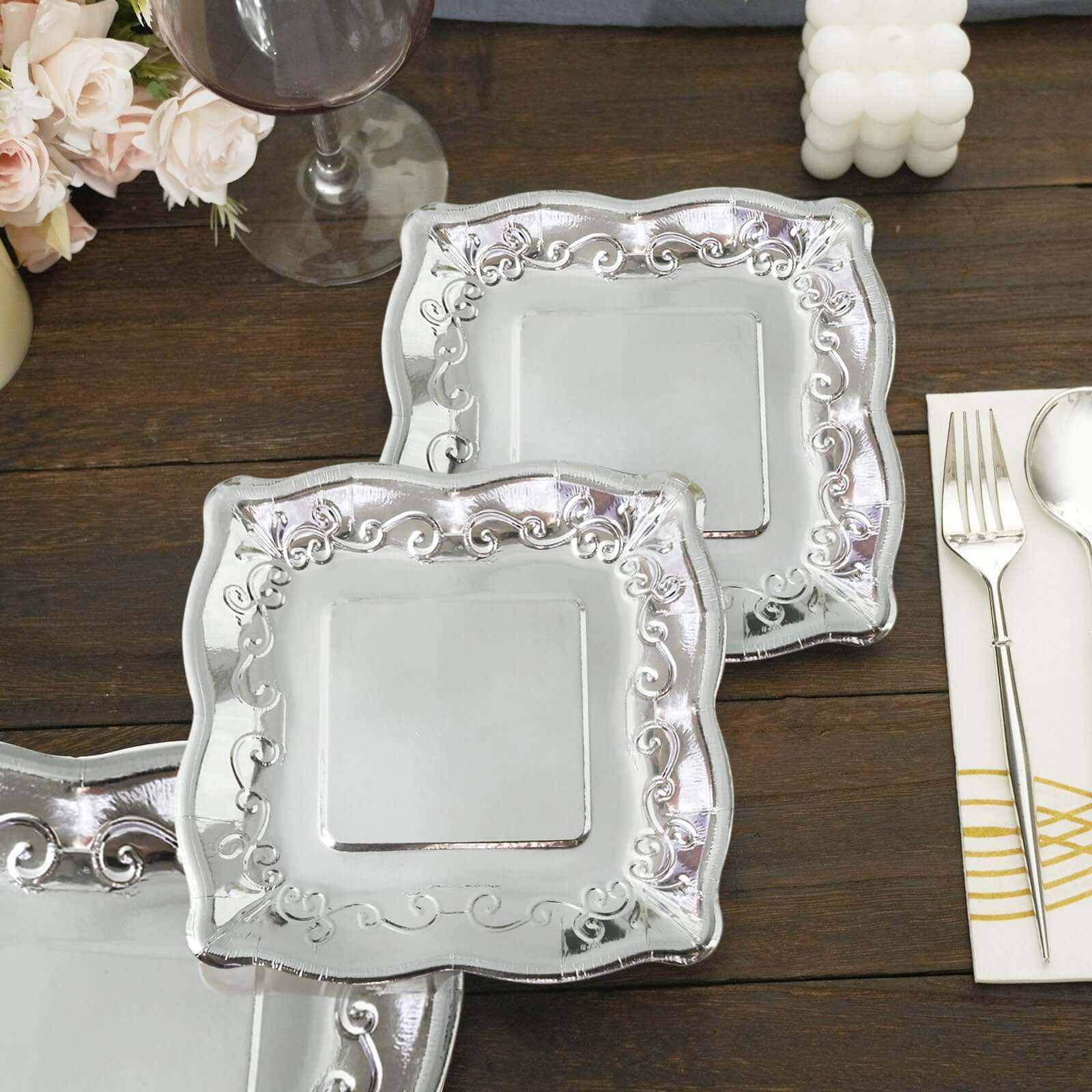 25-Pack Paper 7" Square Dessert Plates in Silver with Vintage Pottery Embossed Design - Shiny Metallic Disposable Appetizer Plates