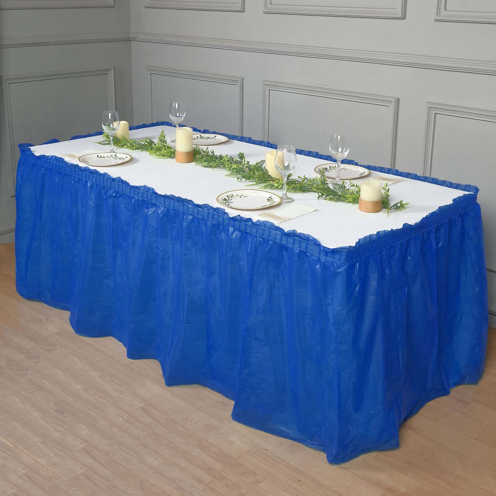 Plastic Table Skirt Royal Blue Ruffled - Durable Disposable Skirt for Events 14ft