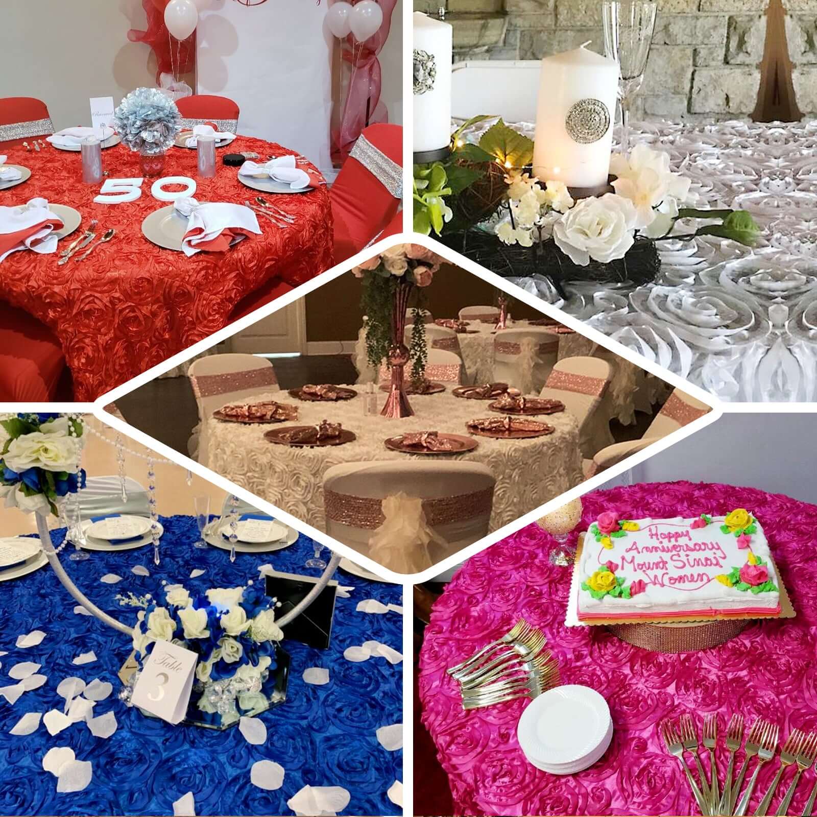 Satin 120" Round Tablecloth Fuchsia - Grandiose 3D Rosette with Seamless Finish Table Cover