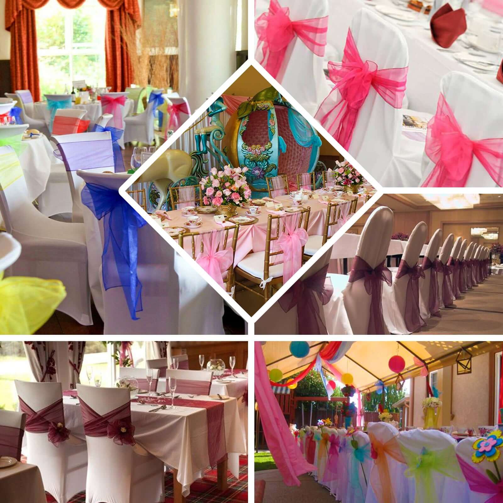 5 Pack Organza Chair Sashes White - Timeless Reusable Sheer Chair Bows for Chic Events 6"x108"