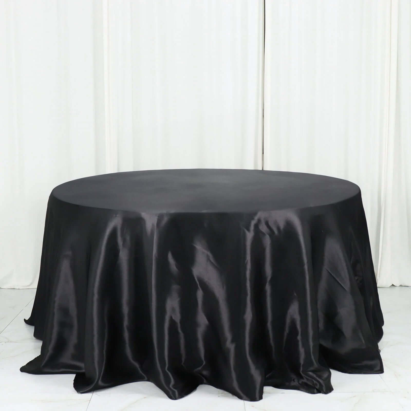 Satin 132" Round Tablecloth Black - Stylish Seamless Table Cover for Weddings & Events