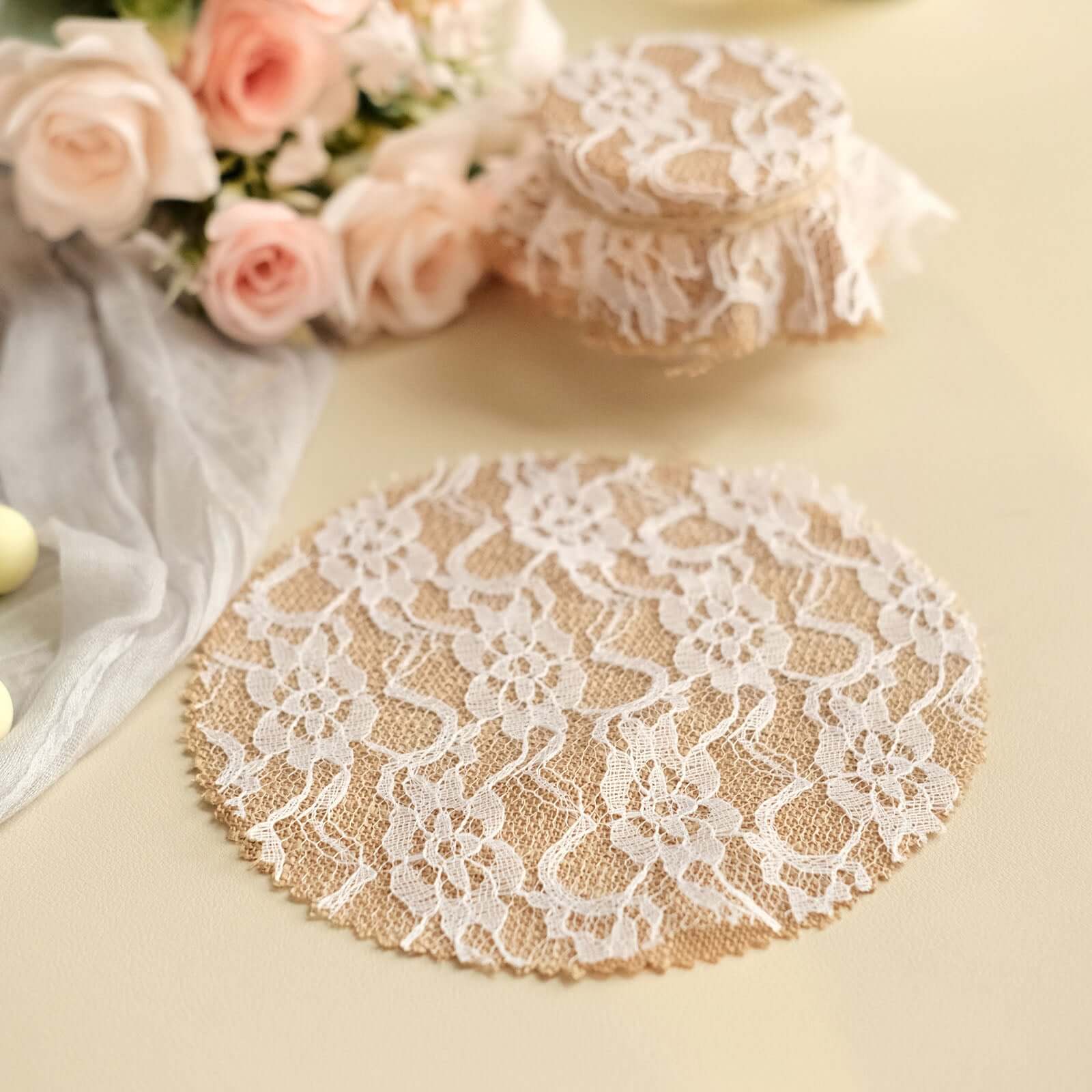 Set of 6 Mason Jar Lid Covers Rustic Burlap/White Lace Fabric Design with Jute String - Scalloped Edge Natural Linen Favor Covers 6"