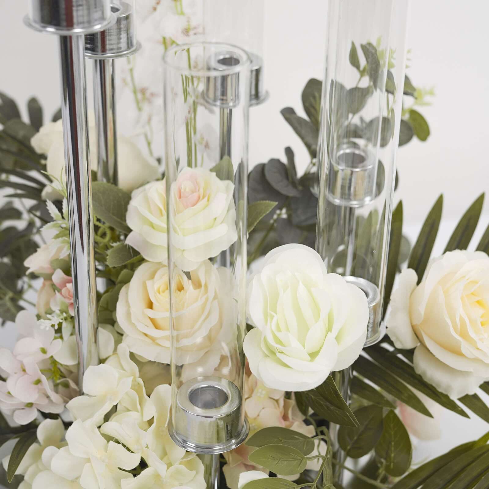 6-Arm Cluster Taper Candle Holder Silver with Clear Glass Shades - Sleek Candle Display for Gatherings 24"