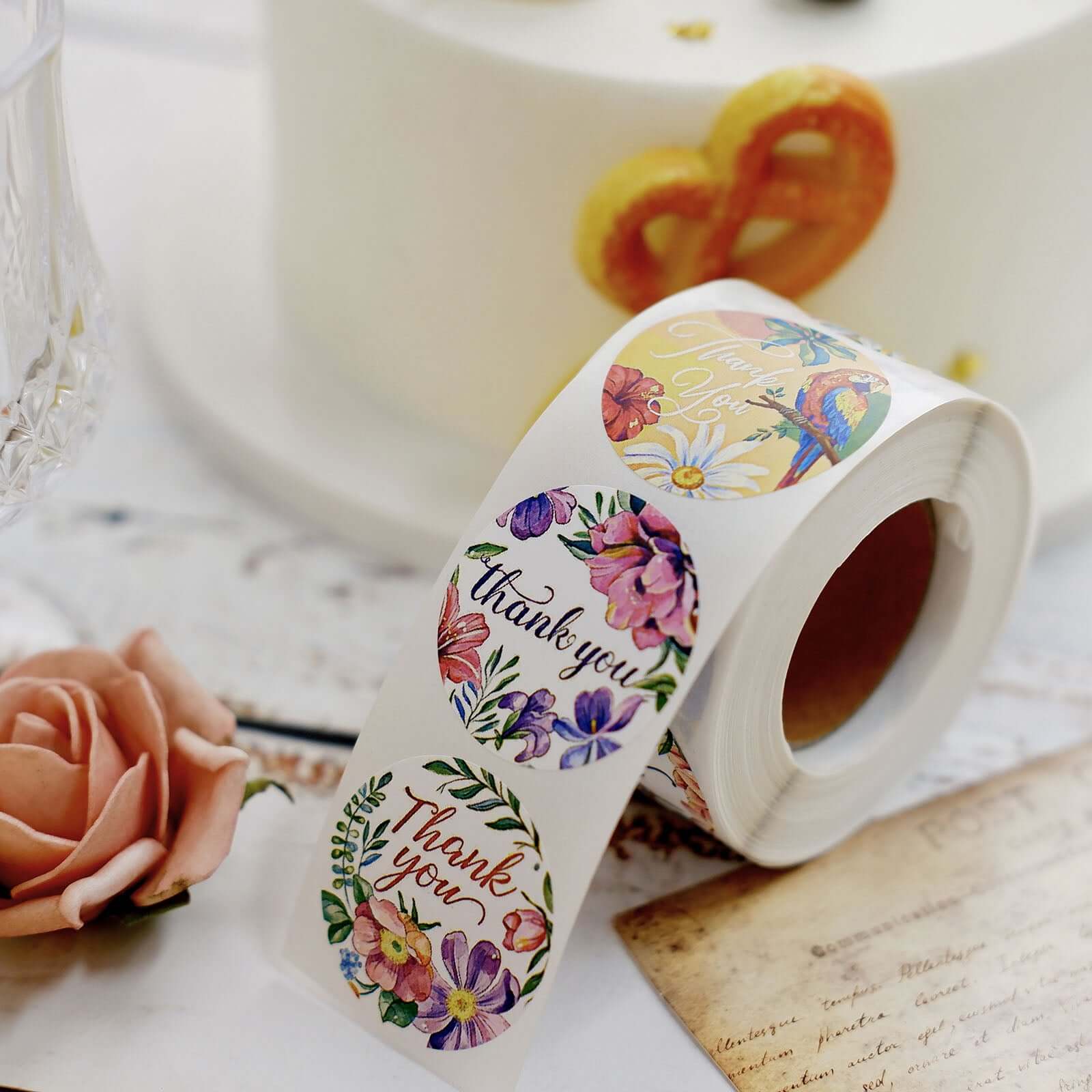 500Pcs 1.5" Thank You Tropical Colorful Floral Stickers Roll, Labels For DIY Envelope Seal - Round