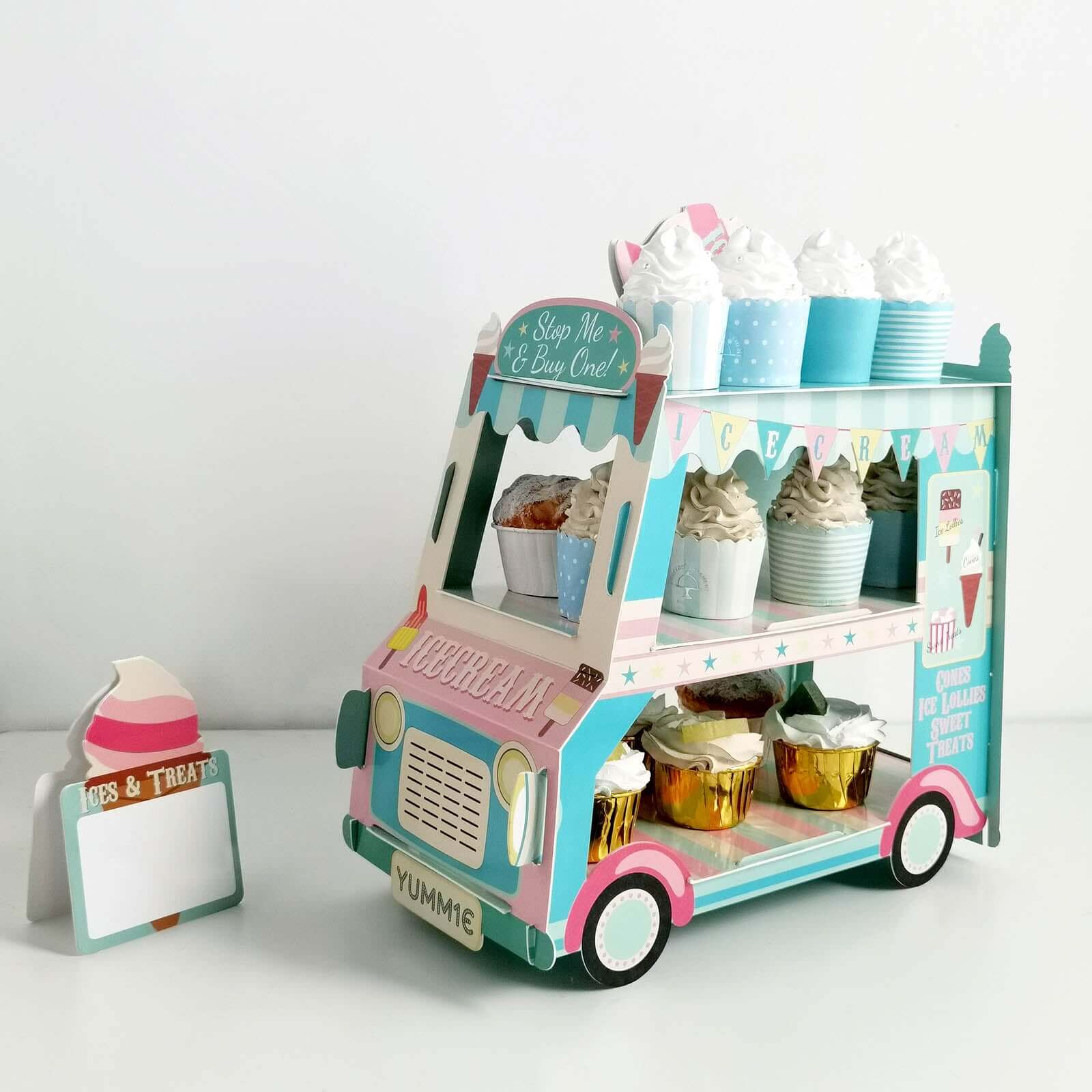 3-Tier Cardboard Cupcake Dessert Stand Tower with Ice Cream Truck Double Decker Design - Fun Disposable Treat Display for Kids' Parties & Snack Stations 16"