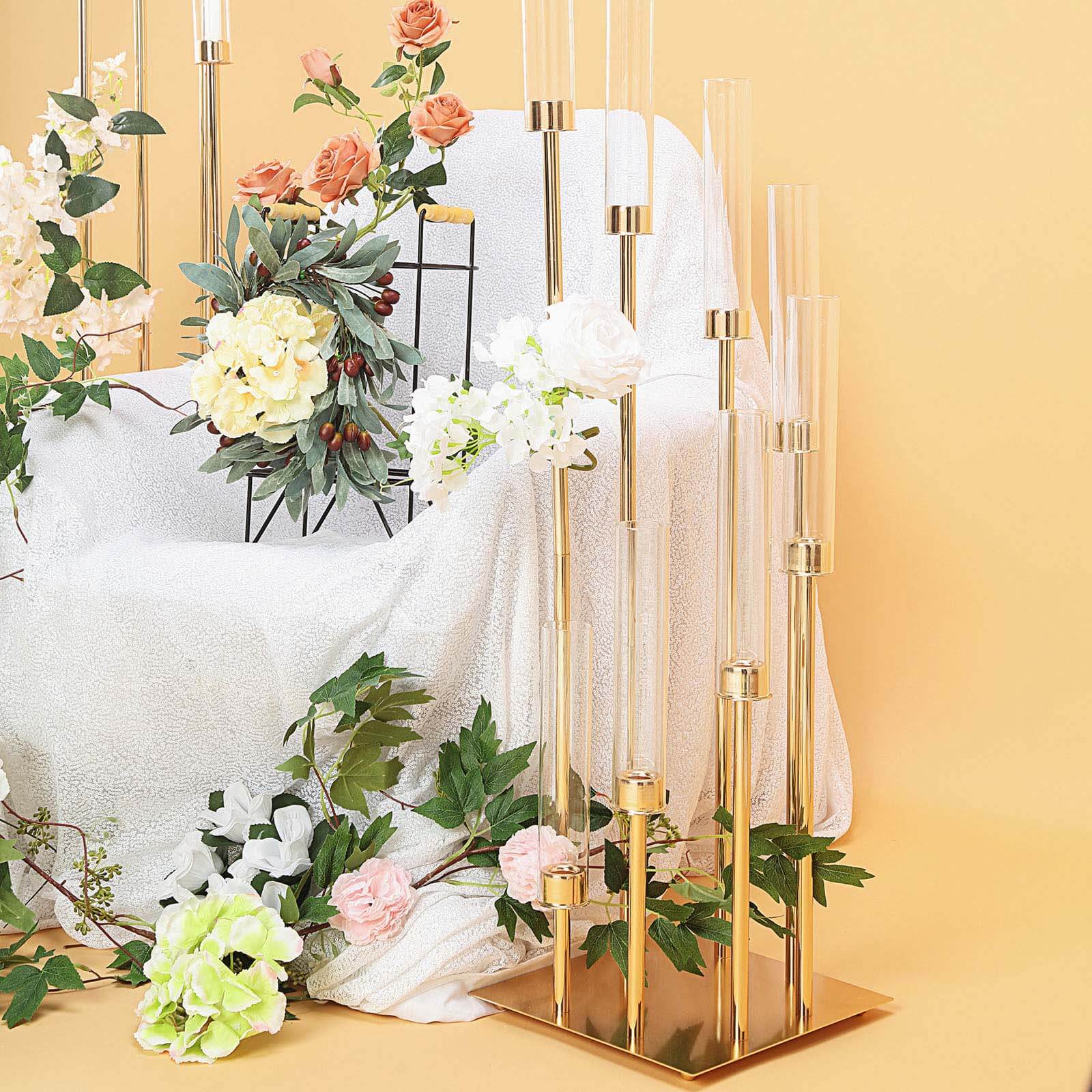 8 Arm Cluster Taper Candle Holder Gold - Stunning Large Candle Arragement With Clear Glass Shades for Grand Banquets & Celebrations 42"