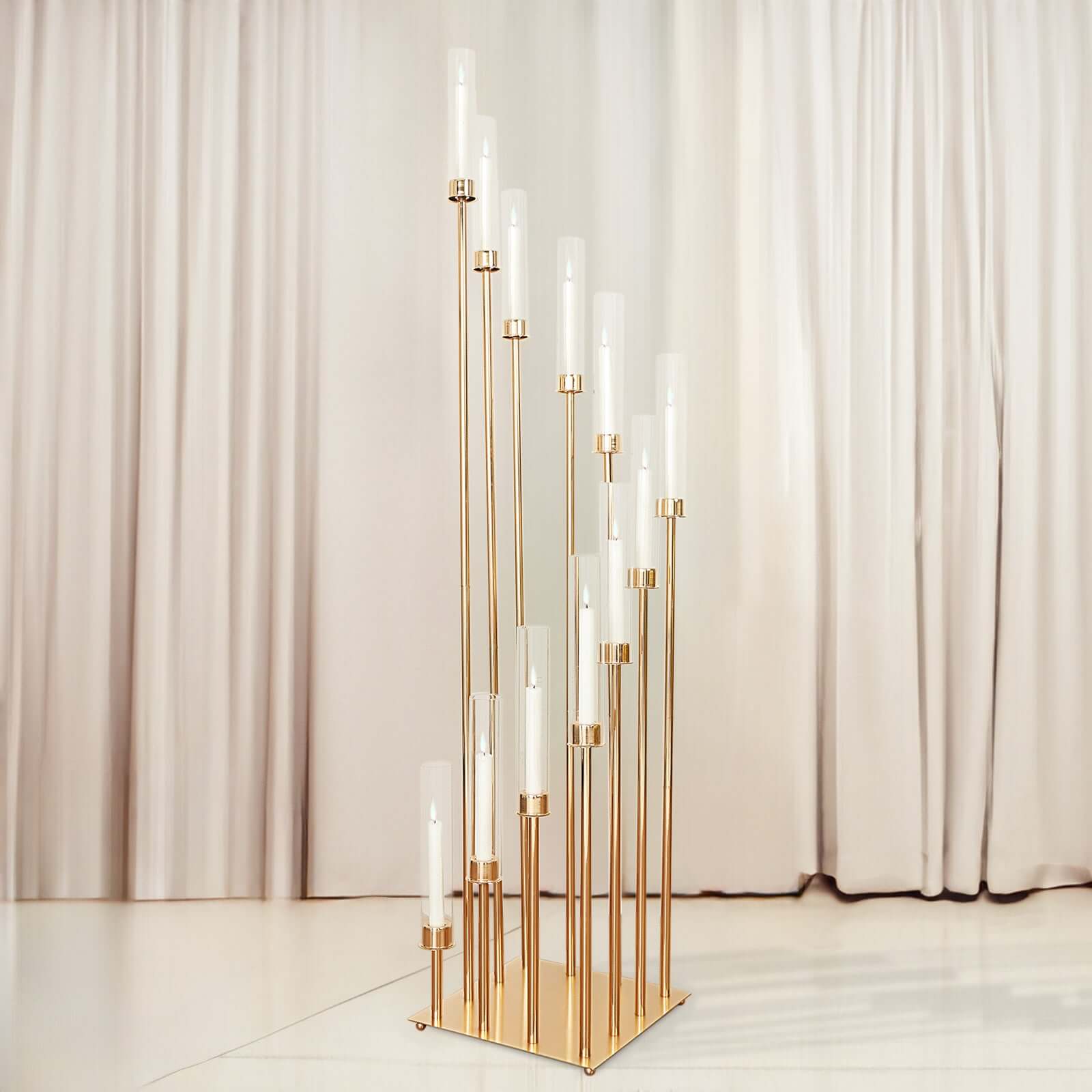 12-Arm Cluster Taper Candle Holder Gold with Clear Glass Shades - Grand Candle Arrangement for Events 57"