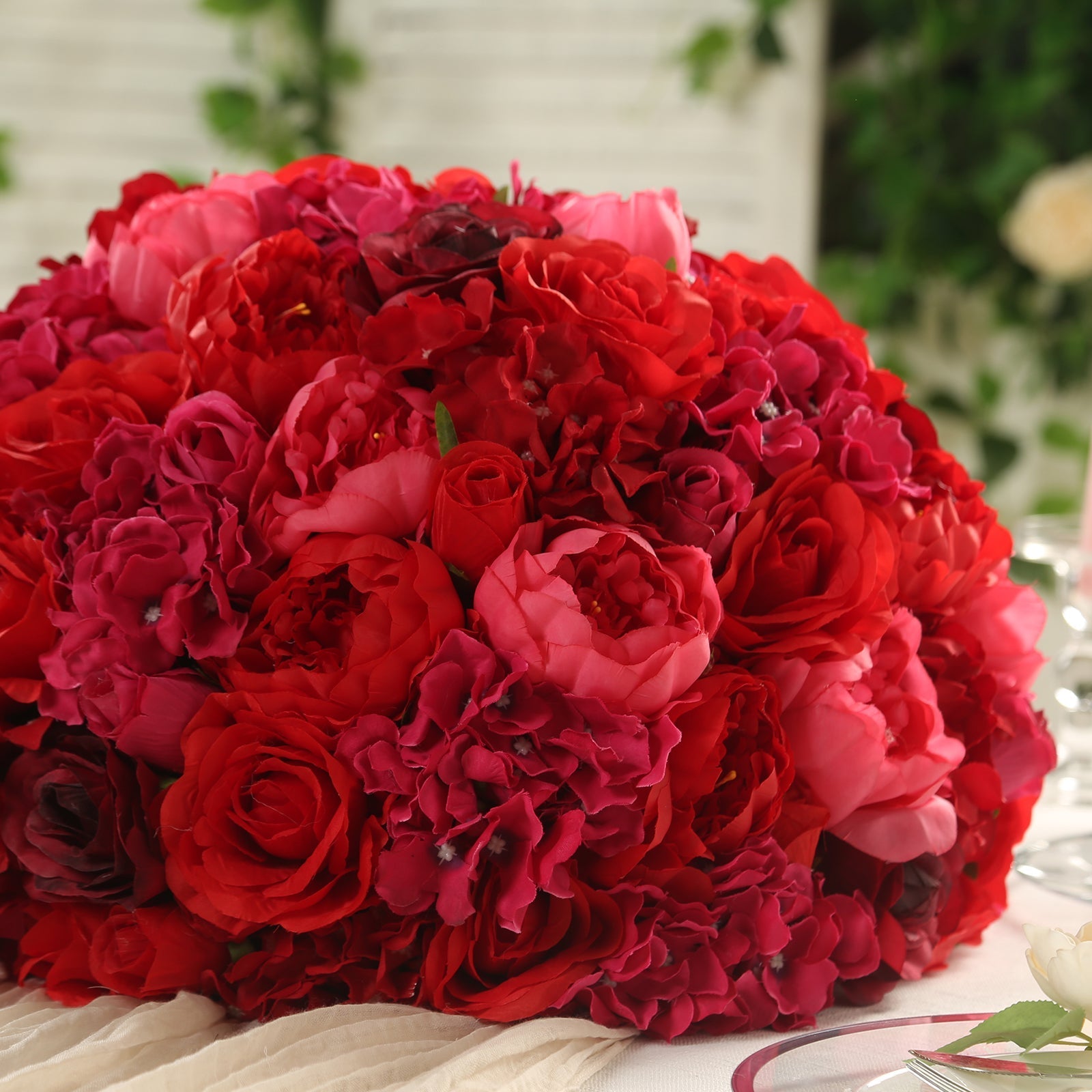 Pre-Arranged Silk Rose Bouquet Floral Arrangement Table Decor, Large Red Artificial Rose Flower Balls Wedding Centerpieces - 20"