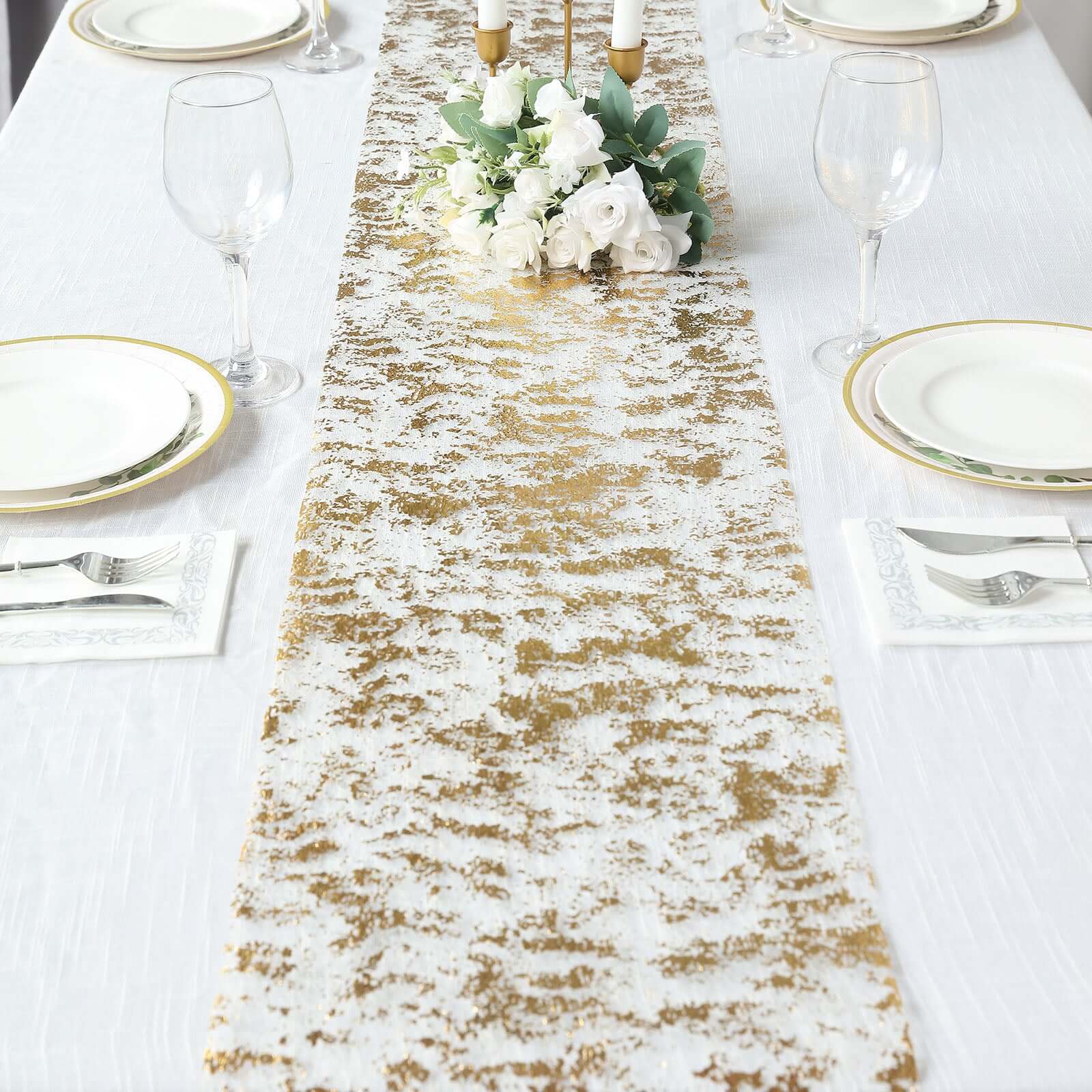 Mesh Polyester 108" Table Runner Roll Metallic Gold Distressed Foil Printing Design - Disposable Stylish Party Table Decor
