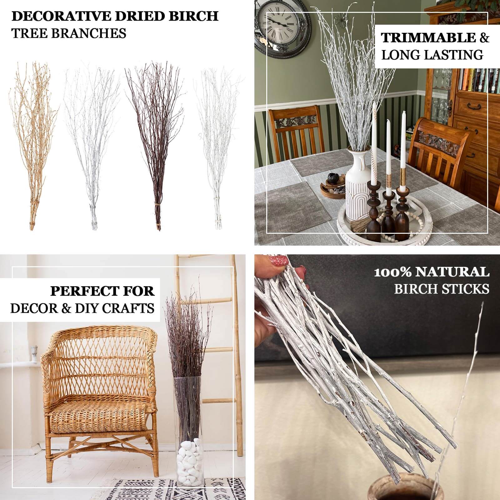 6-Pack Natural Birch Tree Branches 46" Natural - Versatile Extra Long Decorative Dried Willow Twigs Sticks for Vase Centerpiece Wedding Decor
