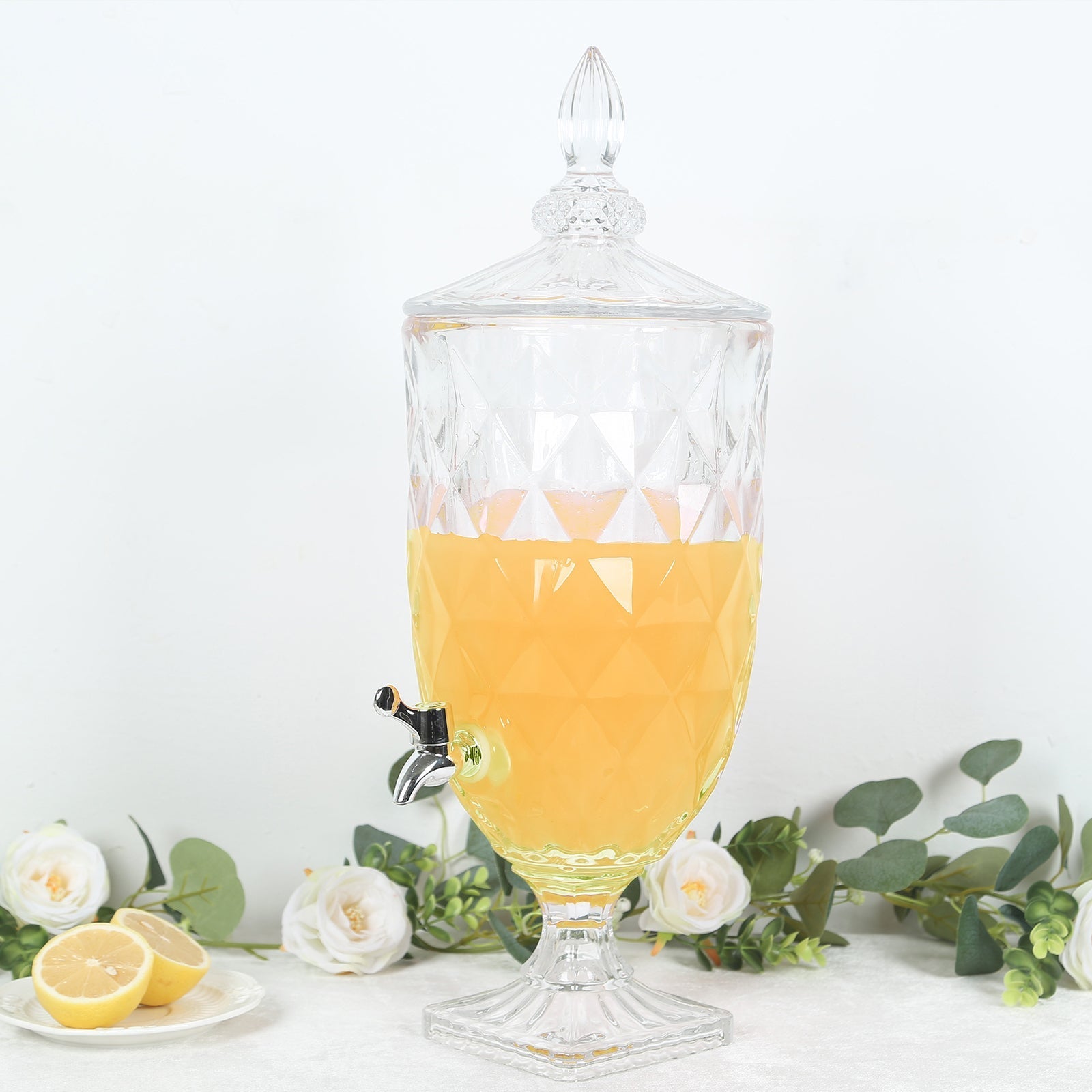 1.3 Gallon Glass Beverage Dispenser, Apothecary Jar Style Party Drink Dispenser with Diamond Texture and Lid - Versatile Serving Feature 21"