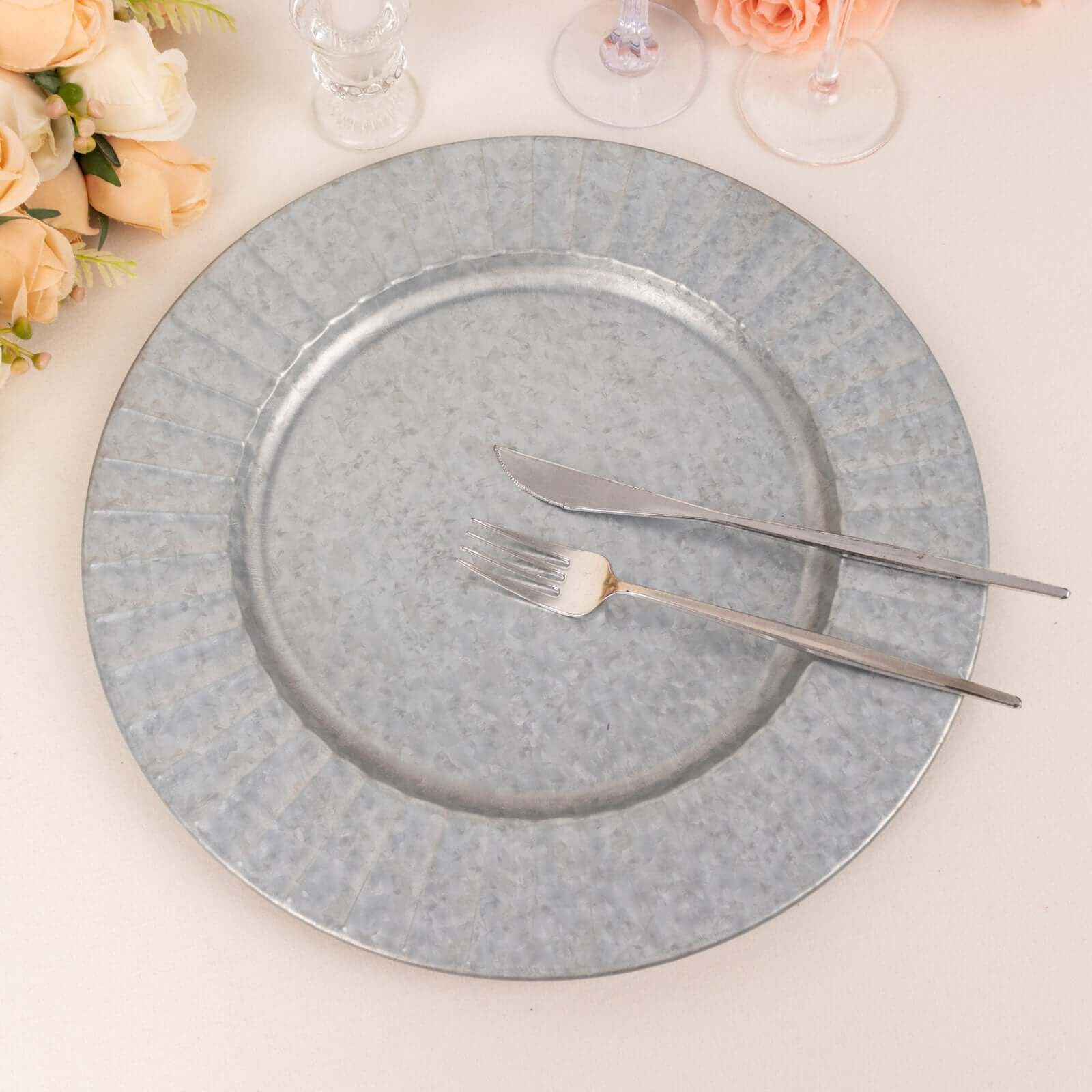 4-Pack Metal Round Charger Plates 13" in Silver with Galvanized Ruffled Rim, Contemporary Charger Tableware