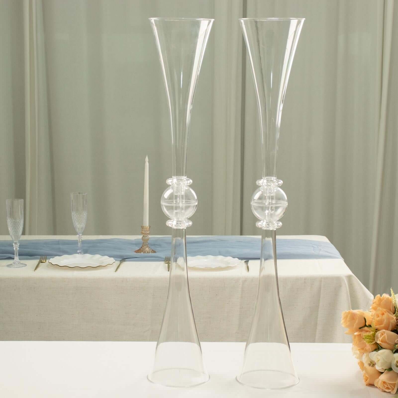 2 Pack 31" Clear Crystal Embellishment Trumpet Flower Vase, Reversible Plastic Table Centerpiece