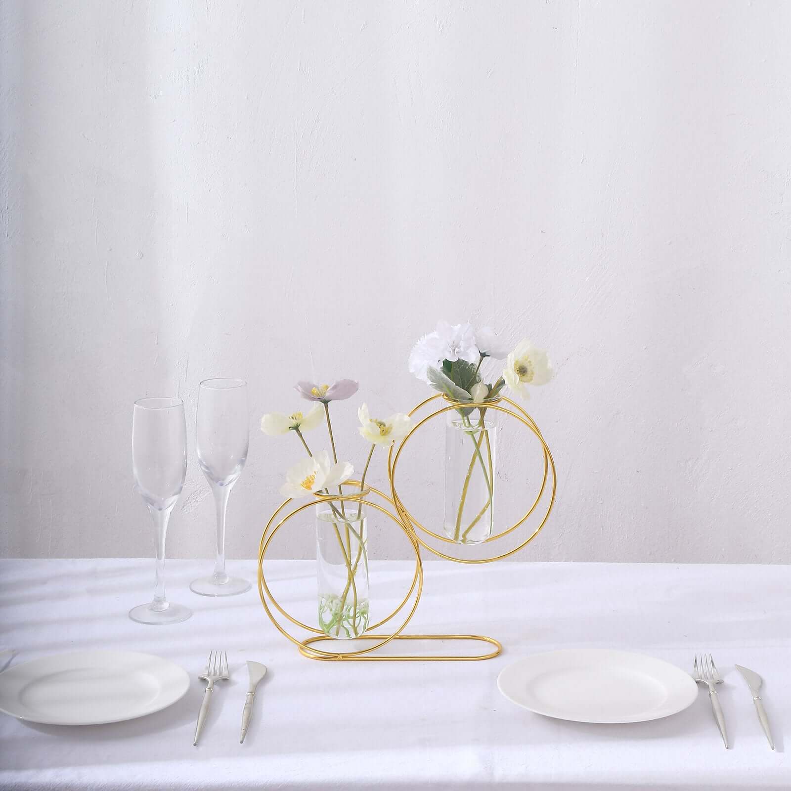2 Pack 10" Gold Metal Geometric Floating Glass Vase Centerpiece, Nordic Style Double Ring Test Tube Flower Vase