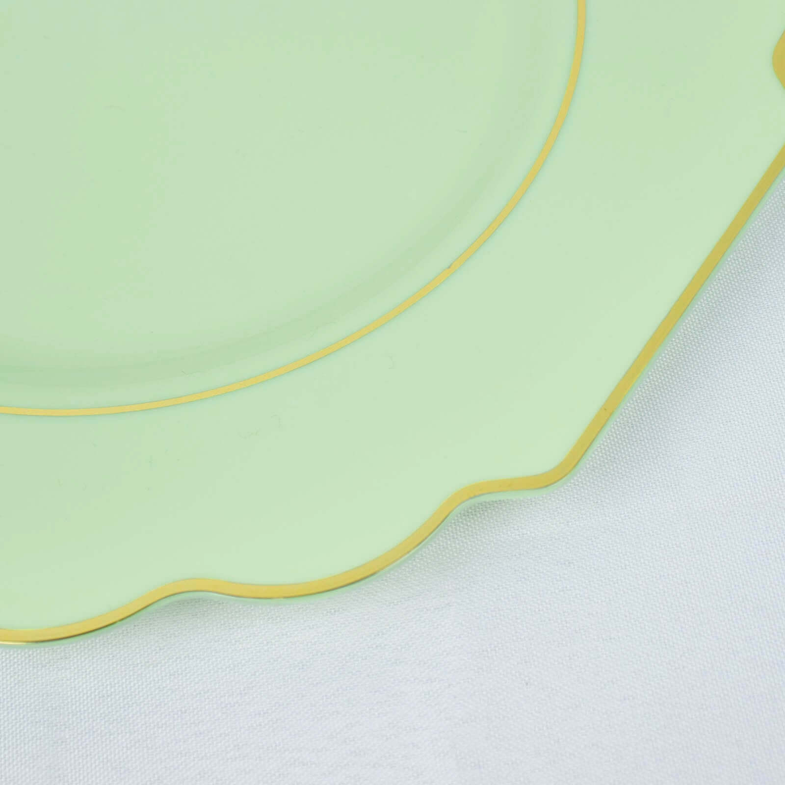 10-Pack Plastic Dessert Appetizer Plates in Sage Green Baroque Design with Scalloped Gold Rim - Heavy Duty Disposable Salad Plates 8"