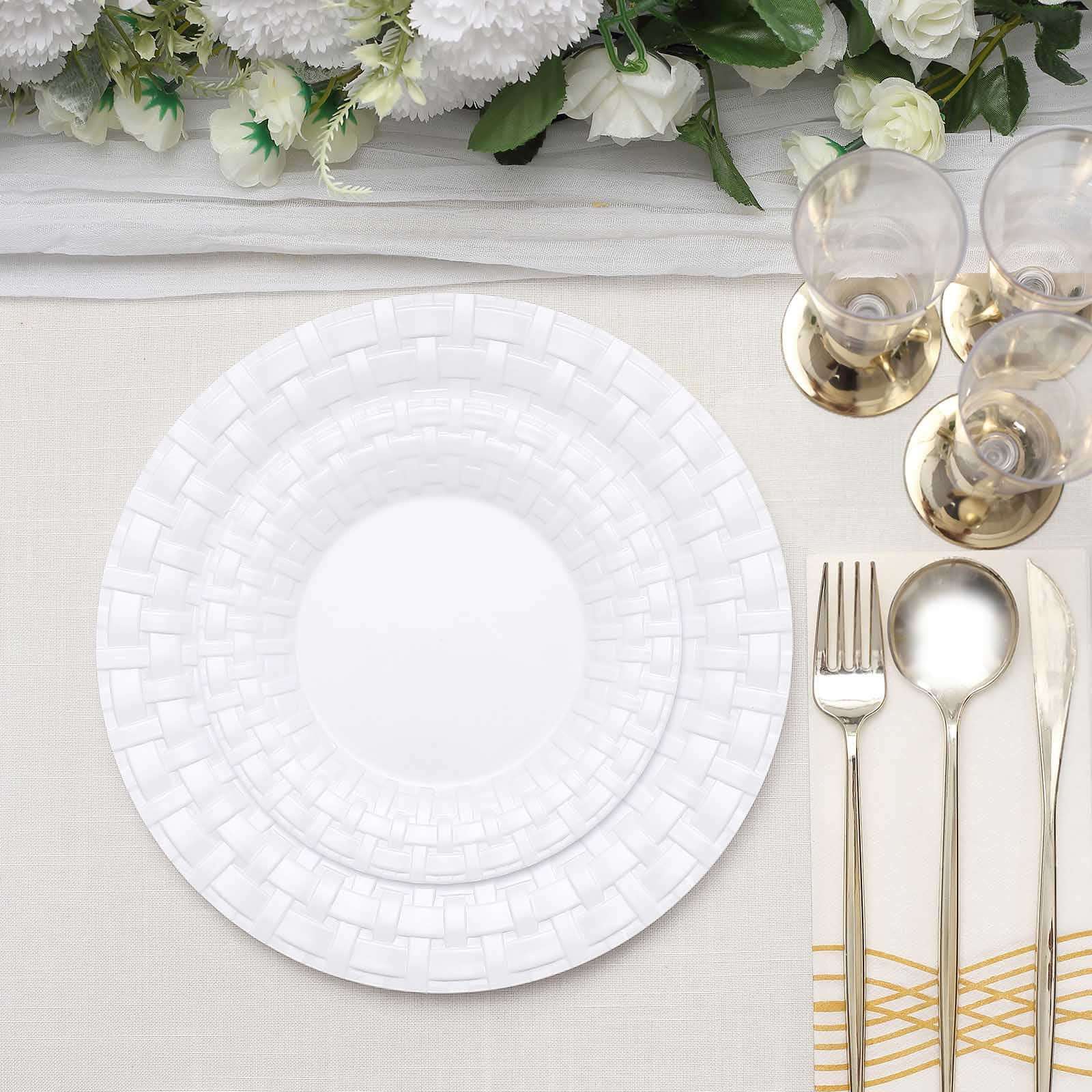 10-Pack Plastic Dinner Plates White Basketweave Rim - Durable Disposable Dinner Plates 10"