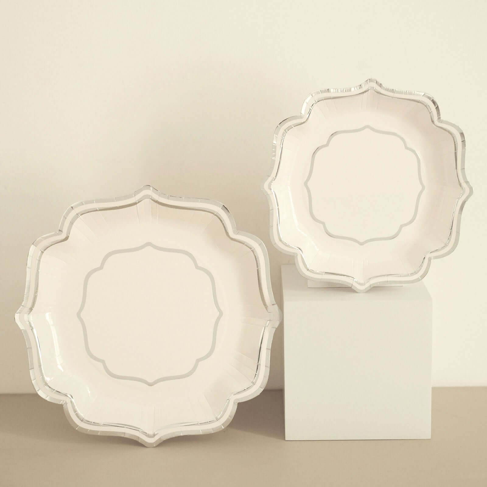 25-Pack Paper Dinner Plates in White with Silver Scallop Rim - Disposable 300GSM Party Plates 10"