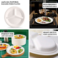 50-Pack Bagasse 10" Round Dinner Plates in White with 3-Compartments - Eco Friendly Biodegradable Sugarcane Divided Plates for Food Trucks Catering & Events