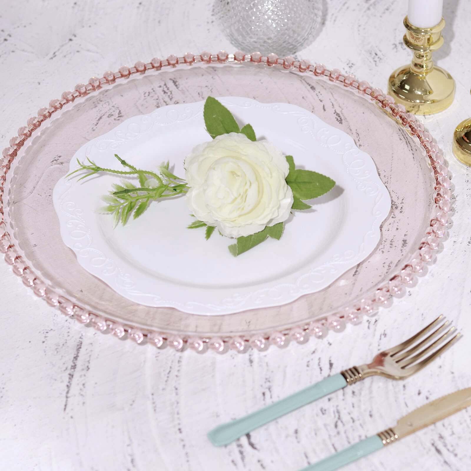 6-Pack Acrylic Round Charger Plates 13" in Transparent Blush with Beaded Rim, Decorative Dinner Party Serving Plates
