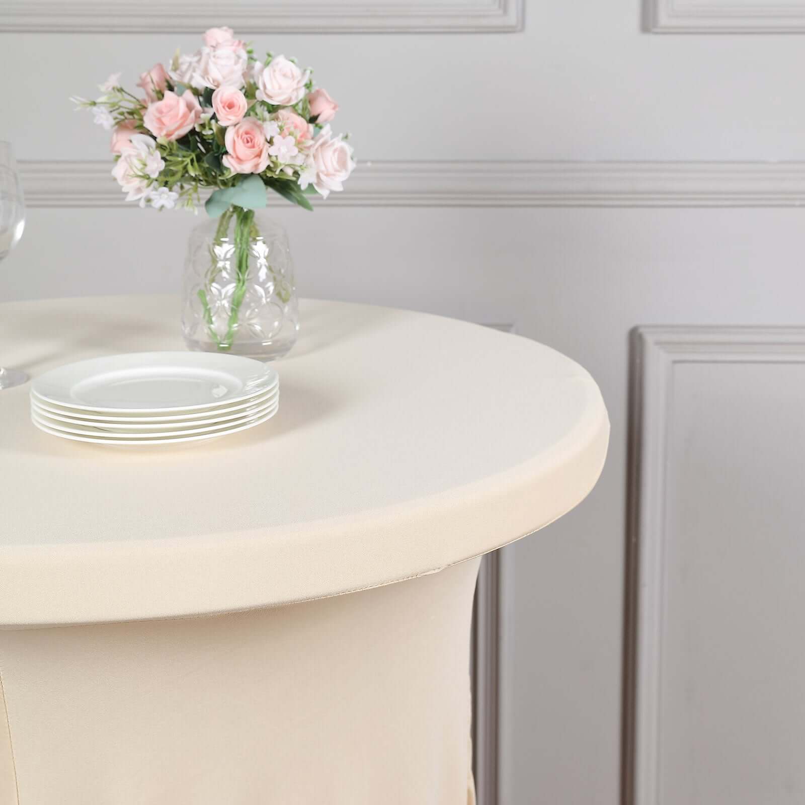 Spandex 32" Round Cocktail Table Cover Skirt Beige With Natural Wavy Drapes