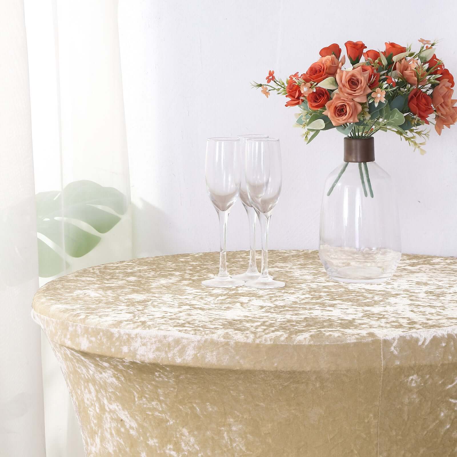 Crushed Velvet Spandex 32" Round Cocktail Table Cover Beige Smooth Highboy Tablecloth