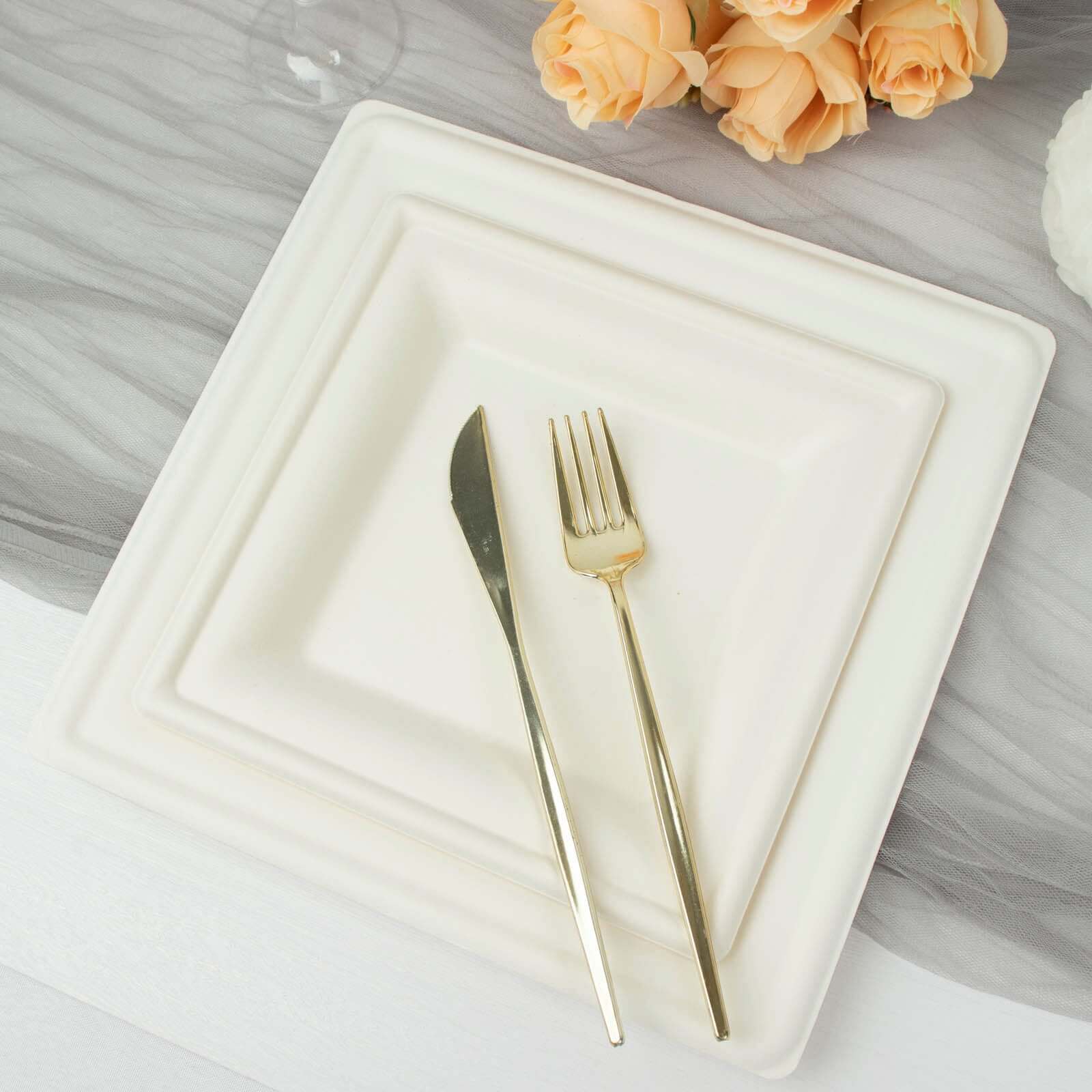 50-Pack Bagasse 8" Square Dessert Plates White with Wide Rim - Eco Friendly Sugarcane Appetizer/Salad Plates for Parties & Events