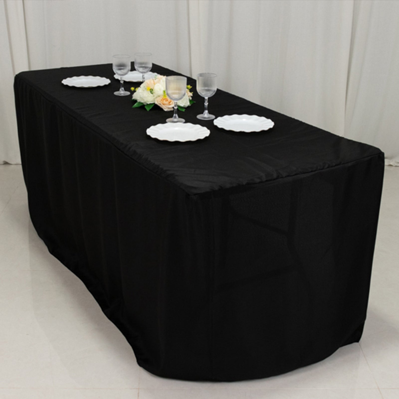 Fitted Polyester 72"x30" Rectangle Tablecloth Black with Open Back Design - Easy to Maintain and Wrinkle-Resistant Table Cover